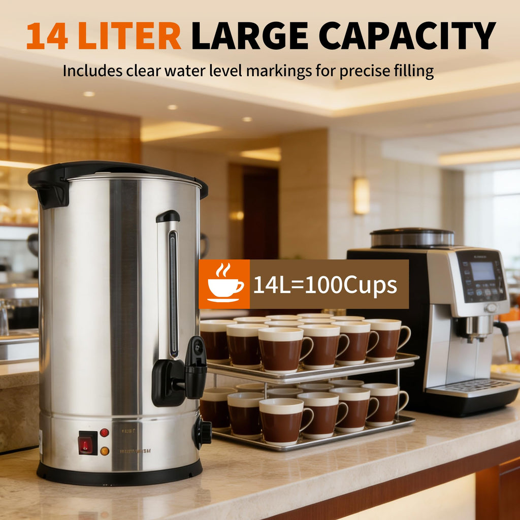 Garvee 14 L/100 Cups Coffee Urn Double Wall Stainless Steel Coffee Maker for Buffet Catering Wedding Gathering Silver