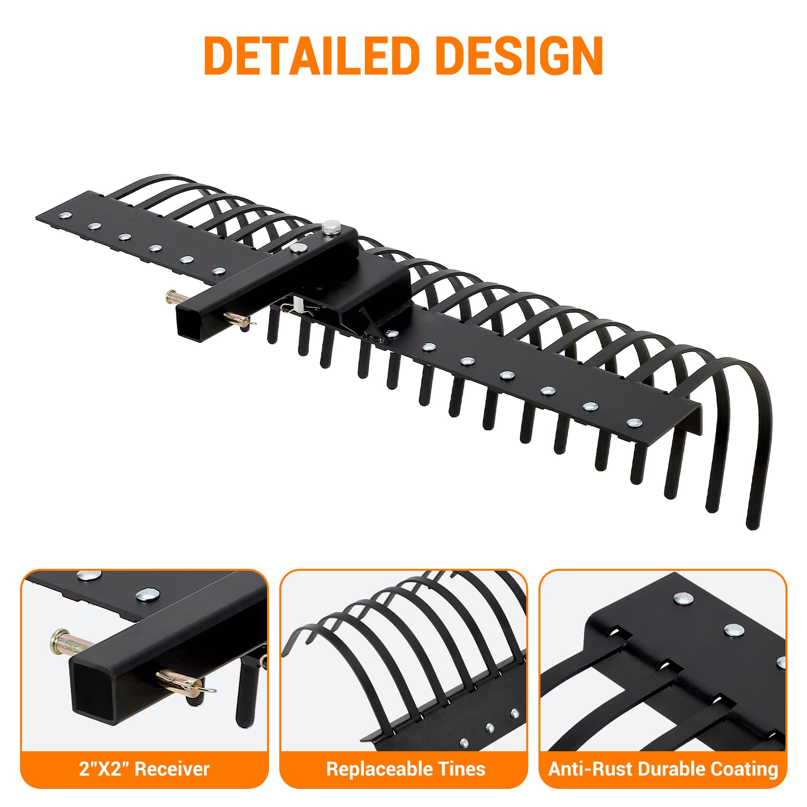 Garvee 49 Inch Landscape Rake Fits 2" Receiver for Tractor/ATV/UTV, Heavy Duty Rock Rake 17 Tines, Pine Straw Rake for Removal of Rock, Grass Clumps and Debris, Black
