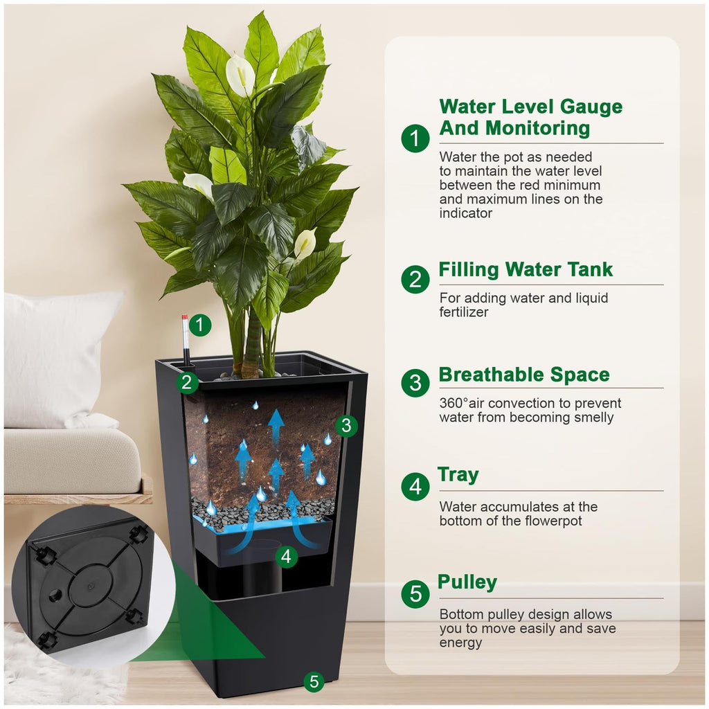 Garvee 30" Tall Planters Set of 2 - Heavy Duty Indoor/Outdoor Pots with Drainage Holes, Water Level Monitor & Automatic Watering, Black