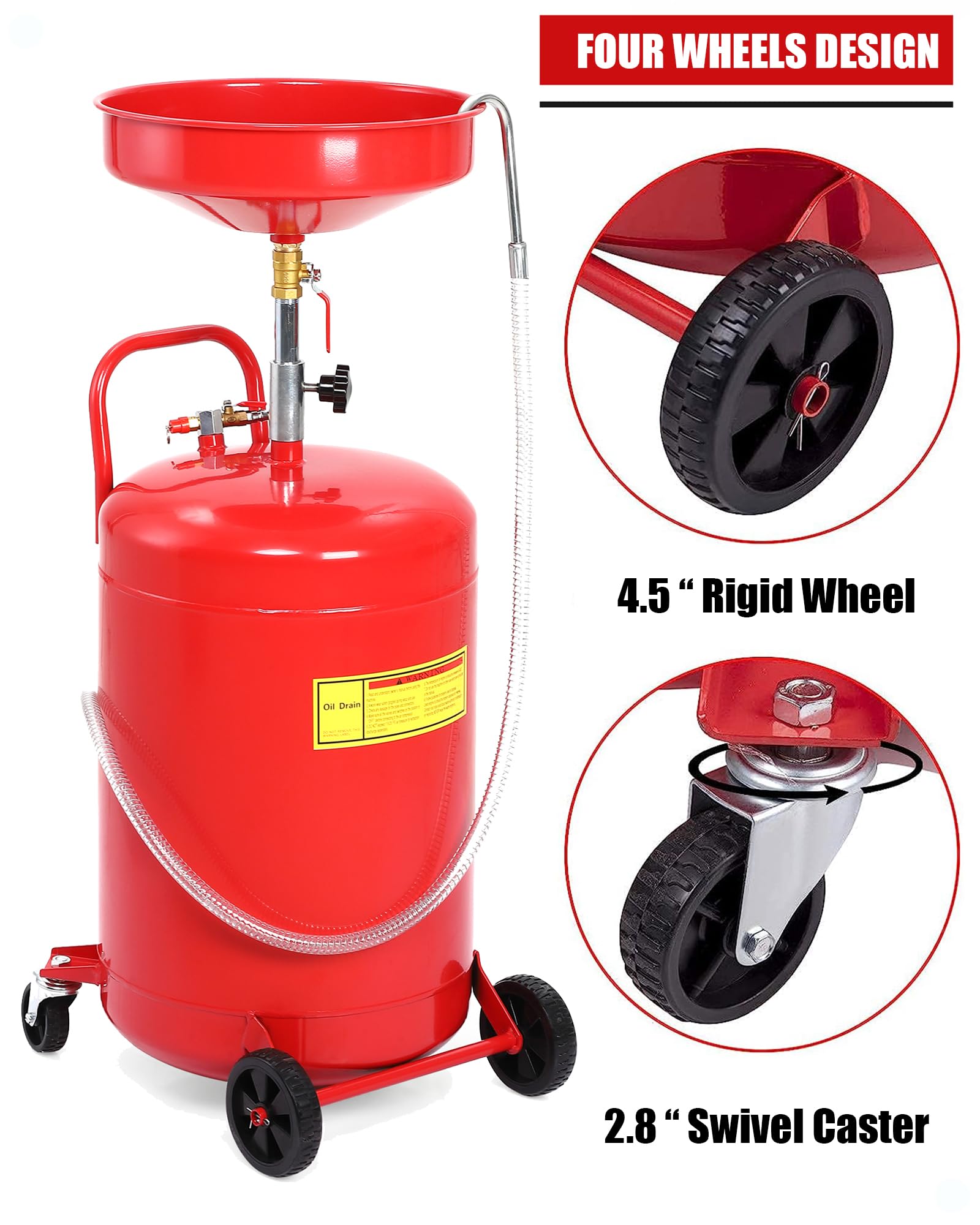 Garvee 18 Gallon Portable Oil Drain Tank, Air Operated & Adjustable Funnel Height with Wheel for Cars Trucks Suvs, Red