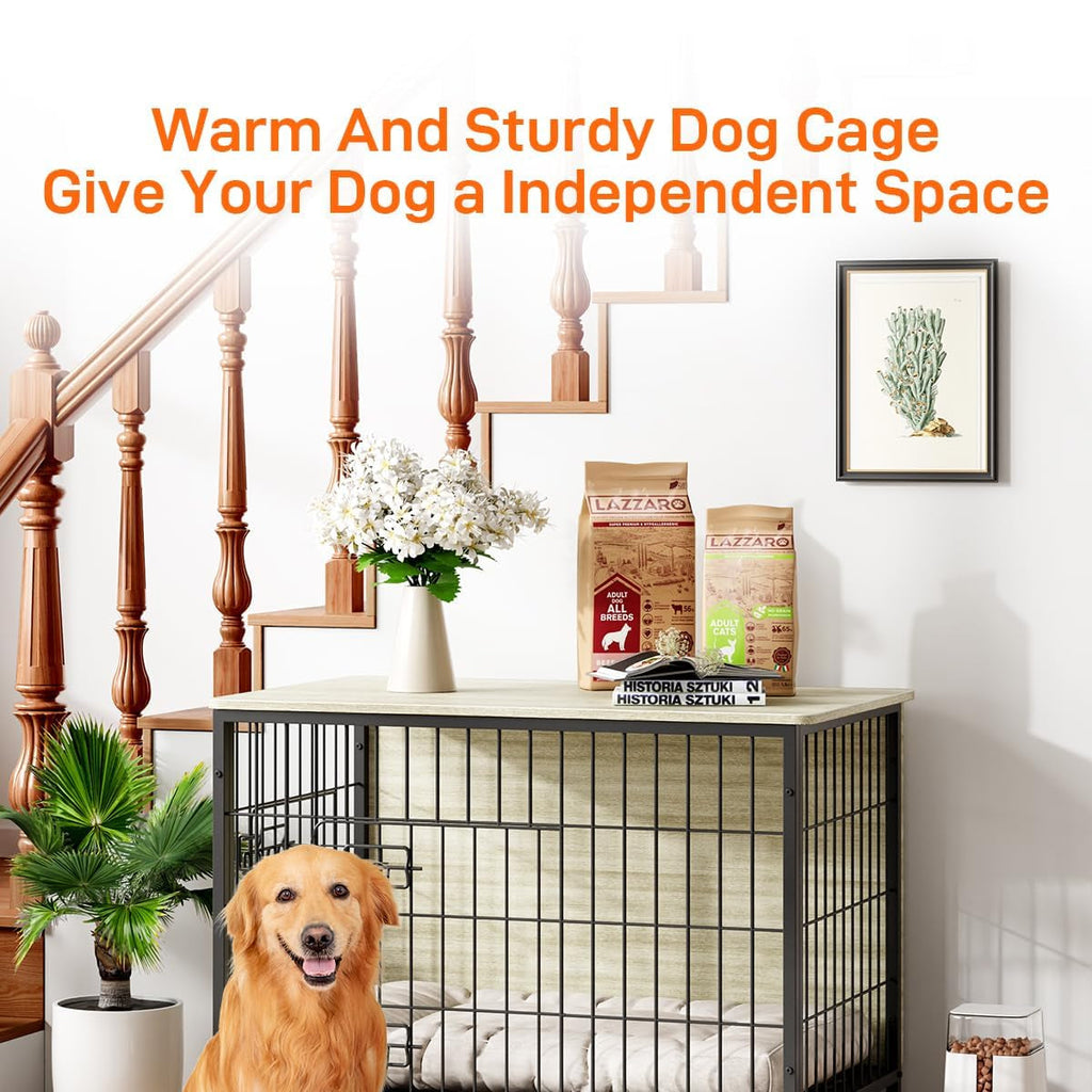 Garvee Dog Crate Furniture, Furniture Style Dog Crate with Removable Tray and Wheels, Heavy-Duty Double-Doors Dog Cage End Table, 27.2" Wooden Dog Kennel, Indoor Dog House, Grey