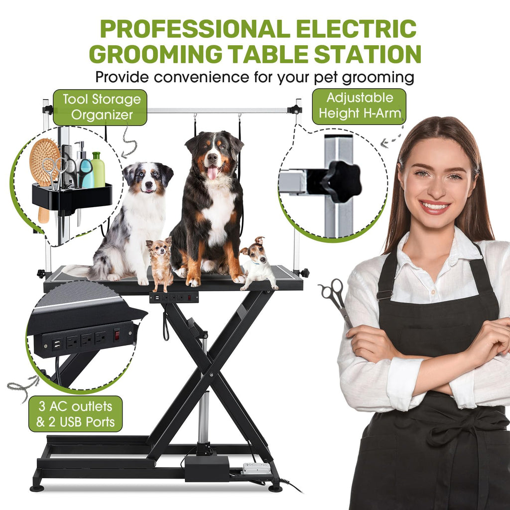 Garvee 50" Professional Dog Grooming Table,Heavy Duty X-Type Electric Lift Large Pet Grooming Table w/Aluminum Dog Grooming Arm,Anti Slip Tabletop,Tool Organizer/Dog Grooming Station(Black, 50")