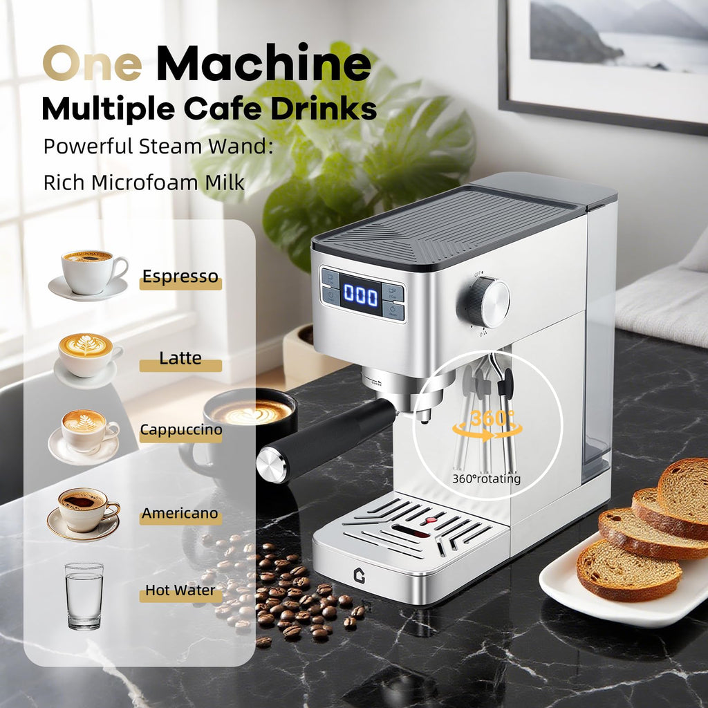 Garvee Compact 20 Bar Espresso Machine Stainless Steel, Steam Milk Frother, Removable Tank for Cappuccino/Latte,(Silver)