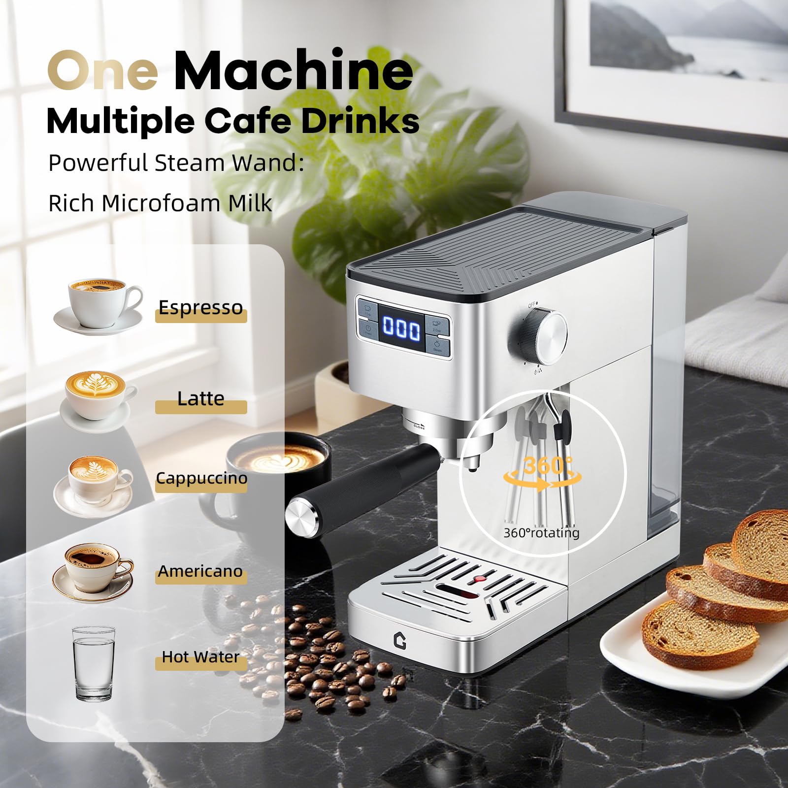 Garvee Compact 20 Bar Espresso Machine Stainless Steel, Steam Milk Frother, Removable Tank for Cappuccino/Latte,(Silver)