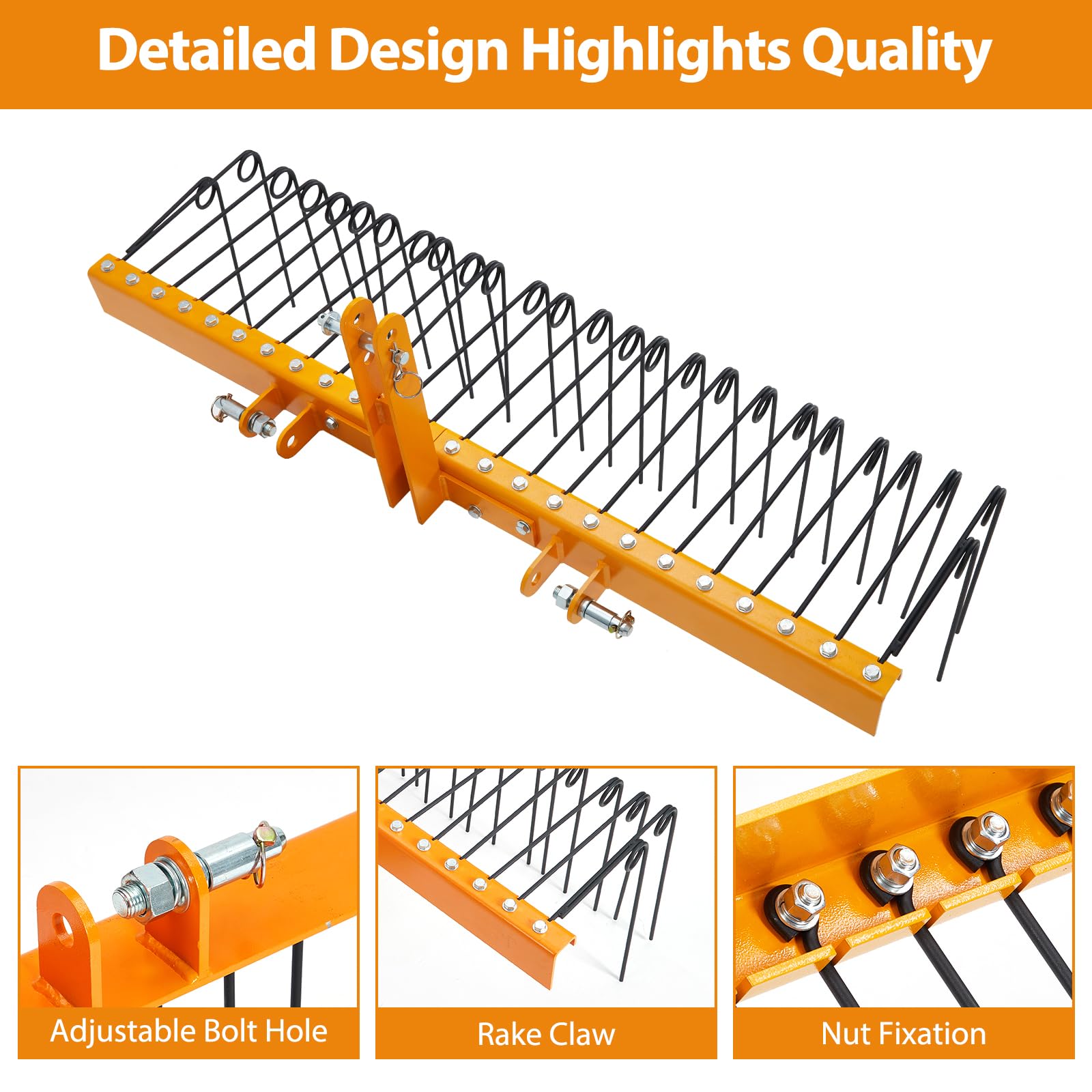 Garvee 60 Inch Pine Straw Rake - 26pcs 8mm Coil Spring Tines Durable Powder Coated Steel Tow Behind Landscape Rake with 3 Point Hitch Receiver Attachment Fit to Cat0 Cat 1 Tractors for Leaves Grass, Yellow