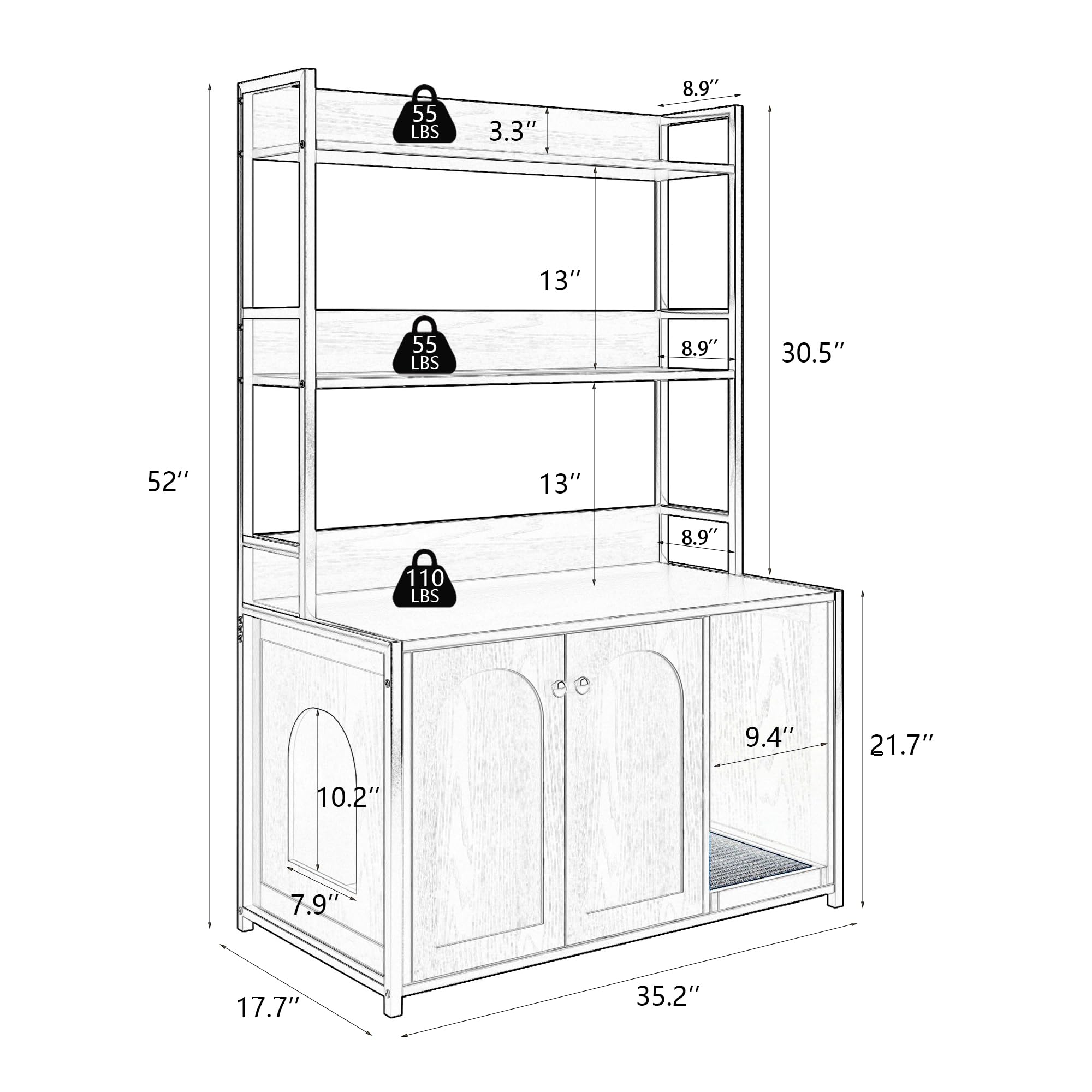 Garvee Cat Litter Box Enclosure with Shelf Storage, Double Door, Indoor Cat Cabinet, Brown, Multi-Layered, Sturdy