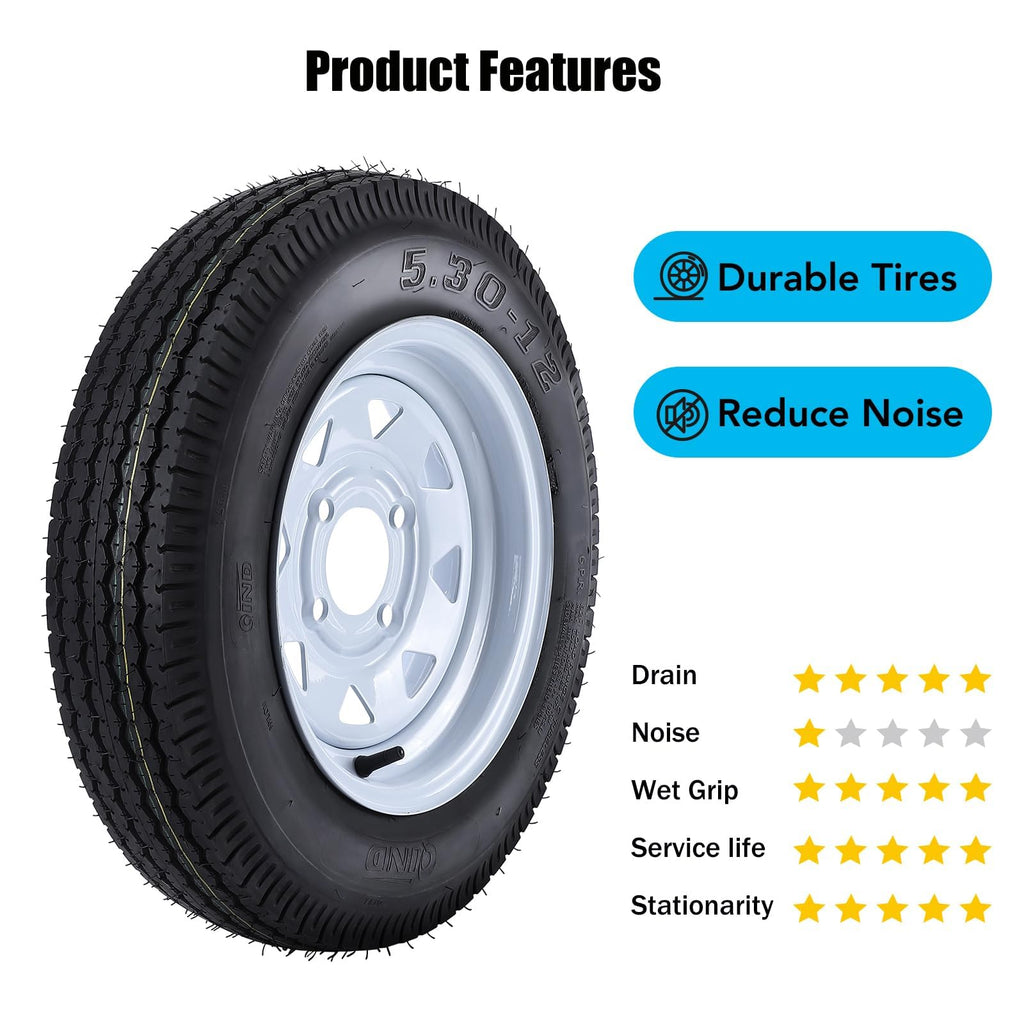 Garvee 5.30-12 Trailer Tires, 2 Pack, Load Range C 6PLY, 12"x4" Rims 4 Lug on 4", Max Load 1050 LBS @ 80 PSI, DOT Approved Durable Design for Utility & Boat Trailers