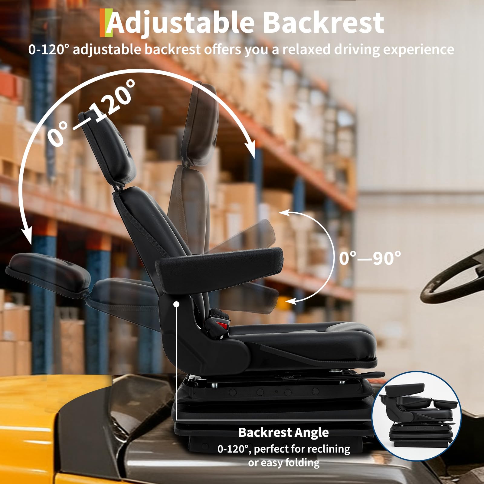 Garvee Adjustable Suspension Forklift Seat - Heavy-Duty Seat with Backrest, Headrest, Armrests, Slide Rails, and Enhanced Safety Features for Tractors, Forklifts, Excavators, and Skid Steers