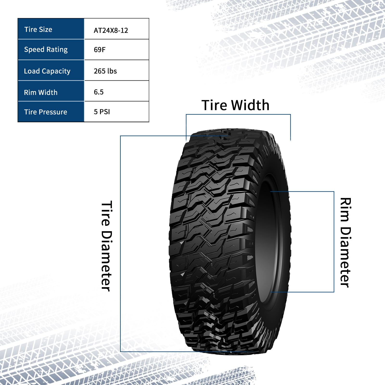 Garvee 24x8-12 ATV Tires 2 Pack 6PR Tubeless All Terrain Tires for Trail Desert Mud Dirt Sand 24x8-12 Black