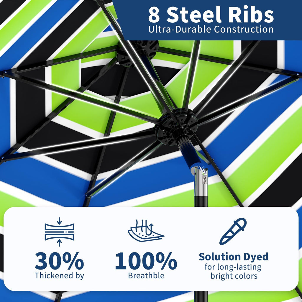 Garvee 9' Patio Umbrella with Crank Lift & Push Button Tilt - 8 Sturdy Ribs Outdoor Table Umbrella for Yard, Deck & Pool, Tricolor Stripe
