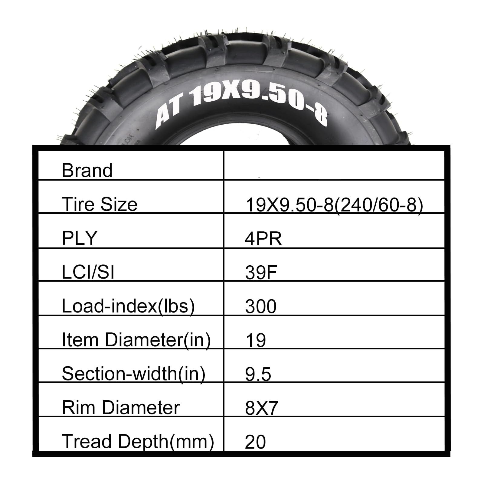Garvee Set of 4 ATV/UTV All-Terrain Tires 19X7-8 Front & 19X9.5-8 Rear 4-Ply Tubeless Black