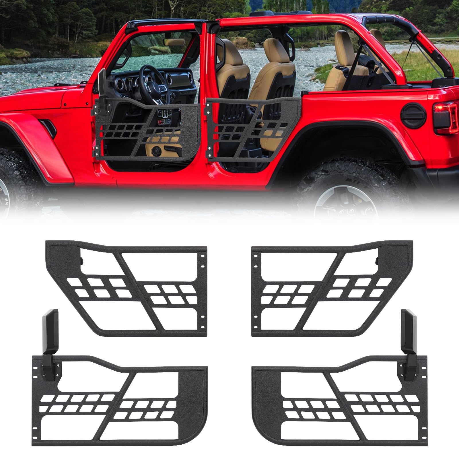 Garvee Off Road Safari Tubular Doors Compatible with 2018-2023 Wrangler JL 4 Door - Set of 4 Fat Tube Half Doors for Adventure