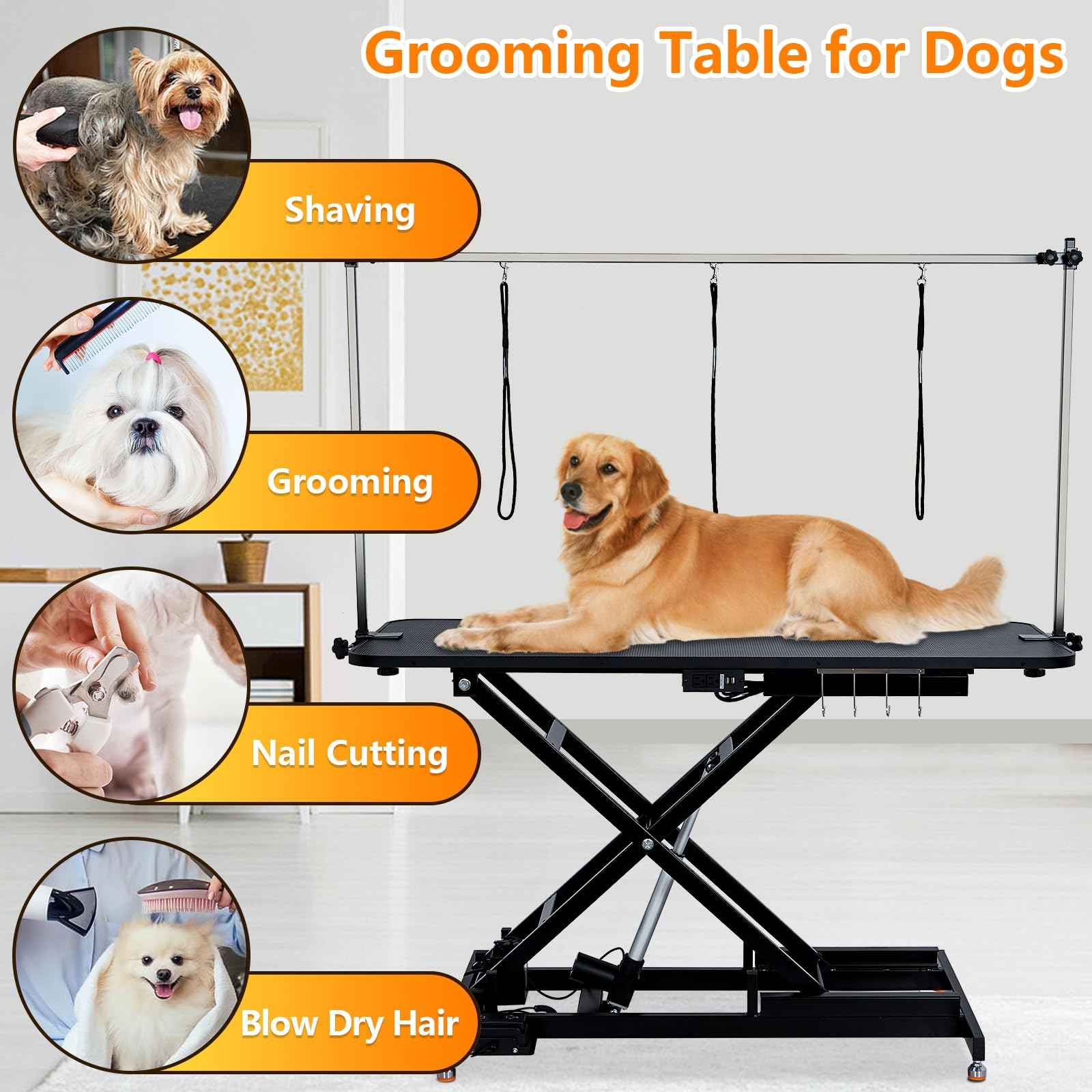 Garvee 60" Hydraulic Dog Grooming Table for Pet, Heavy Duty Hydraulic Professional Pet Grooming Table with Adjustable Overhead Arm & Noose, Storage Box, Remote Control, Max Load 350lbs