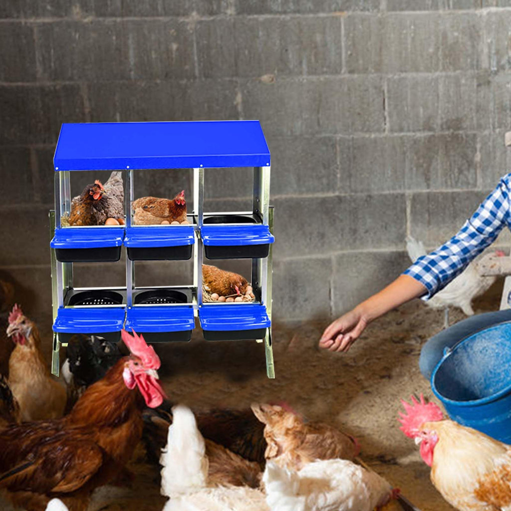 Garvee Chicken Nesting Box 6-Hole Roll Away Egg Laying Box with Lid Heavy-Duty Galvanized Steel Rustproof Design Blue with Bracket Legs