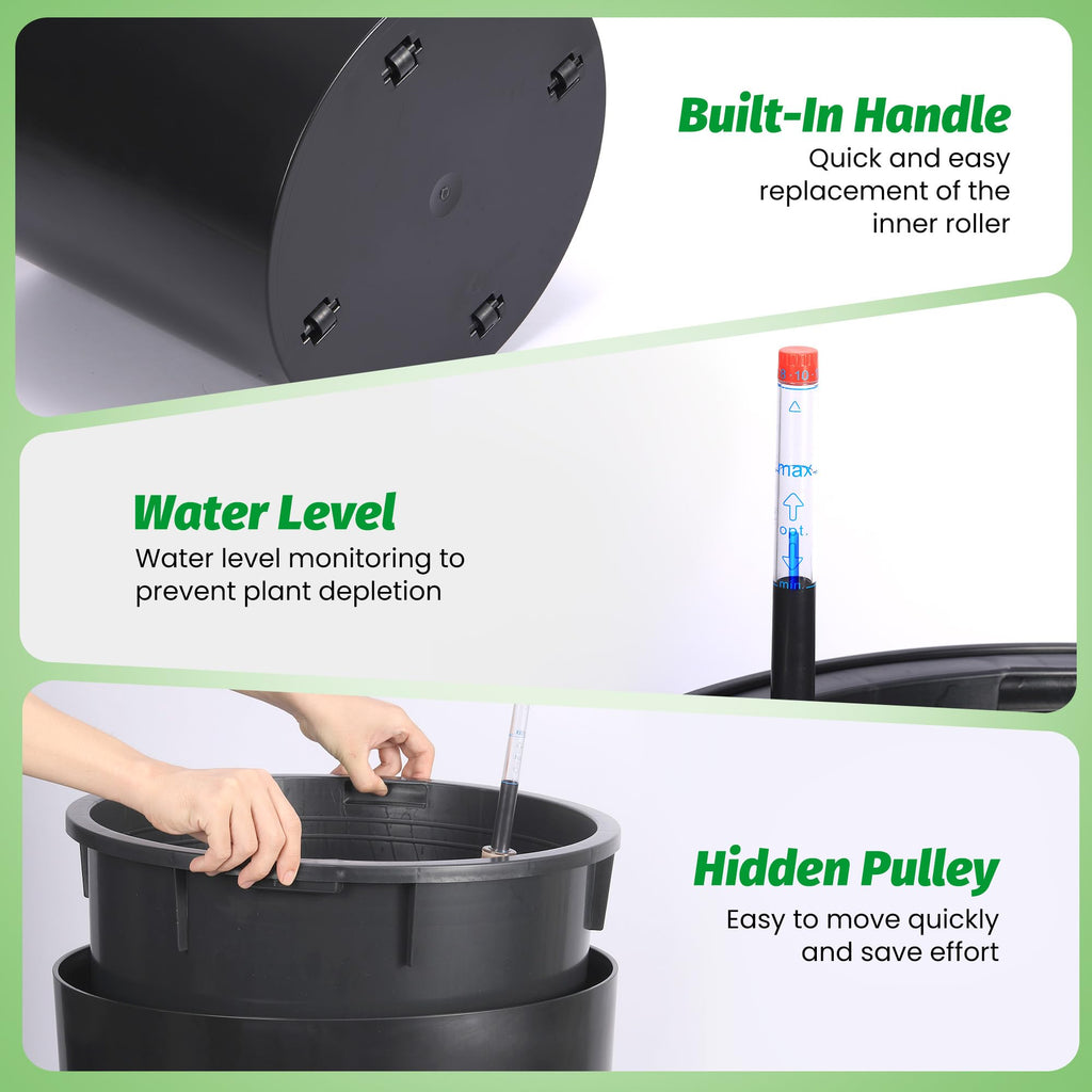 Garvee Tall Round Planter Set of 2, 20" Large Flower Pot Outdoor, Planters for Indoor Plants with Built-in Drainage and a Water Level Monitor and Wheels for Patio, Porch, Living Room, or Home Office, Black