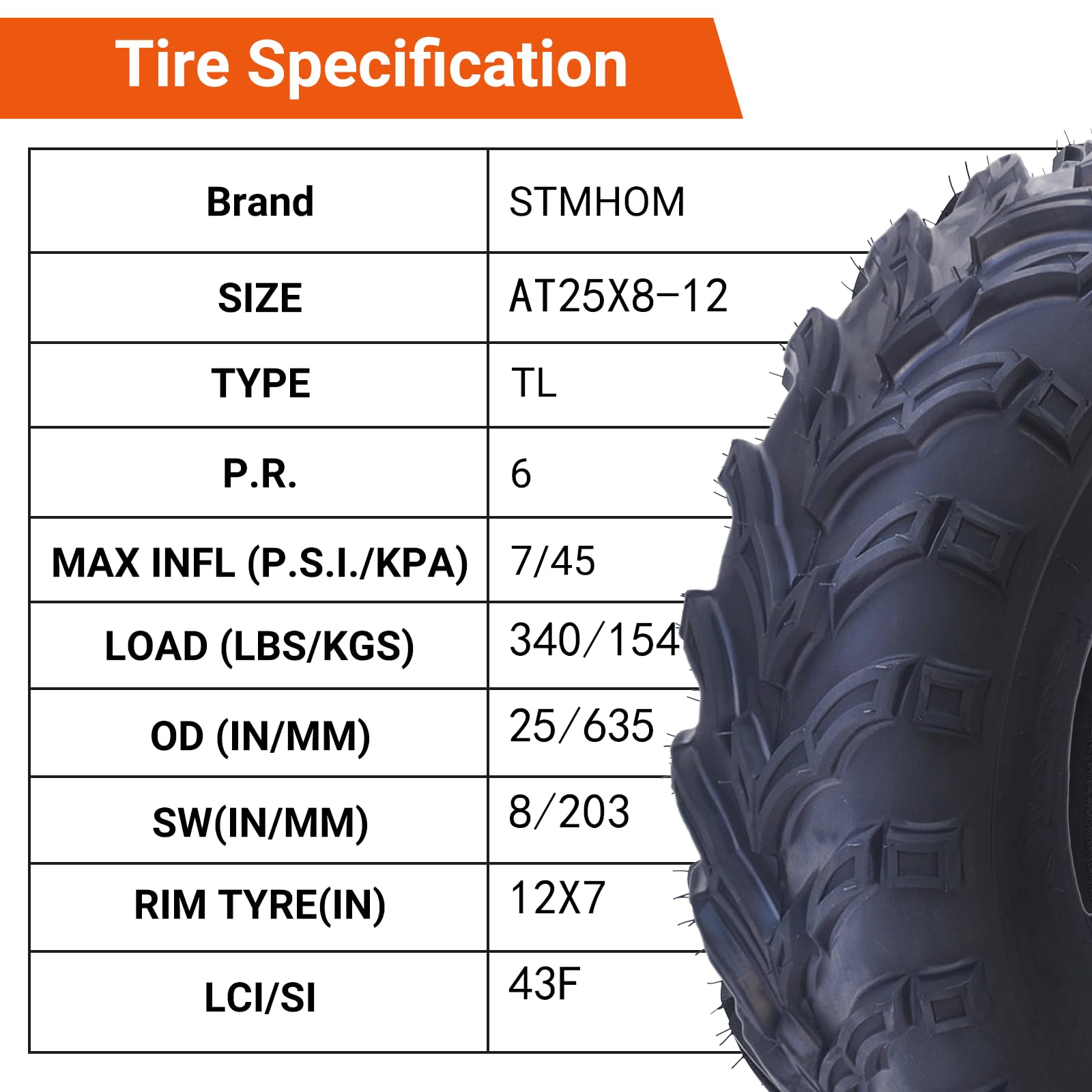 Garvee AT25x8-12 ATV Tires 6PR Tubeless All Terrain Off Road 25x8x12 Black