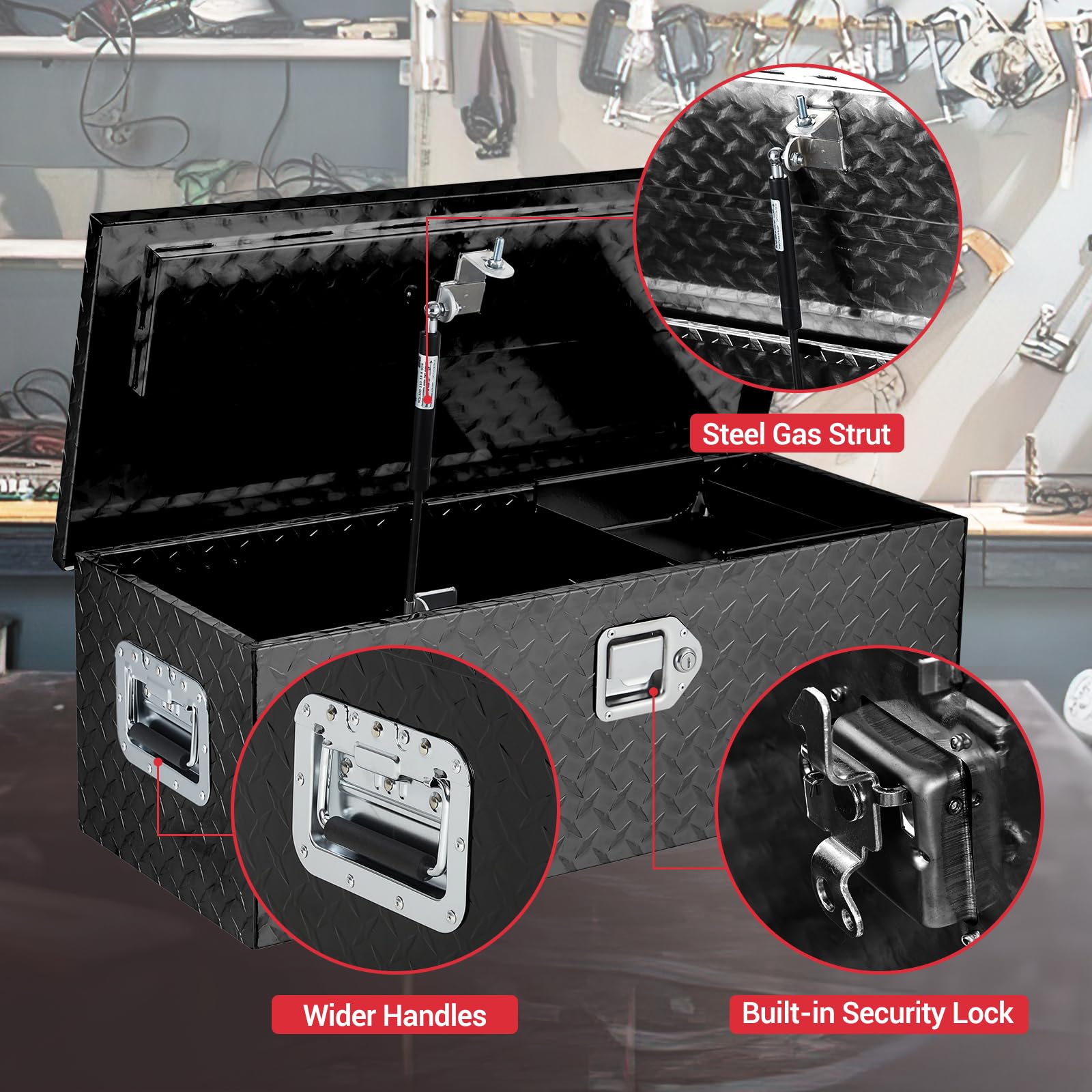 Garvee 30 Inch Aluminum Truck Tool Box, Truck Bed Storage Box with Security Lock and Wider Handles, Heavy Duty Waterproof Tool Box Organizer Chest for Pick Up Truck Rv Trailer - Black