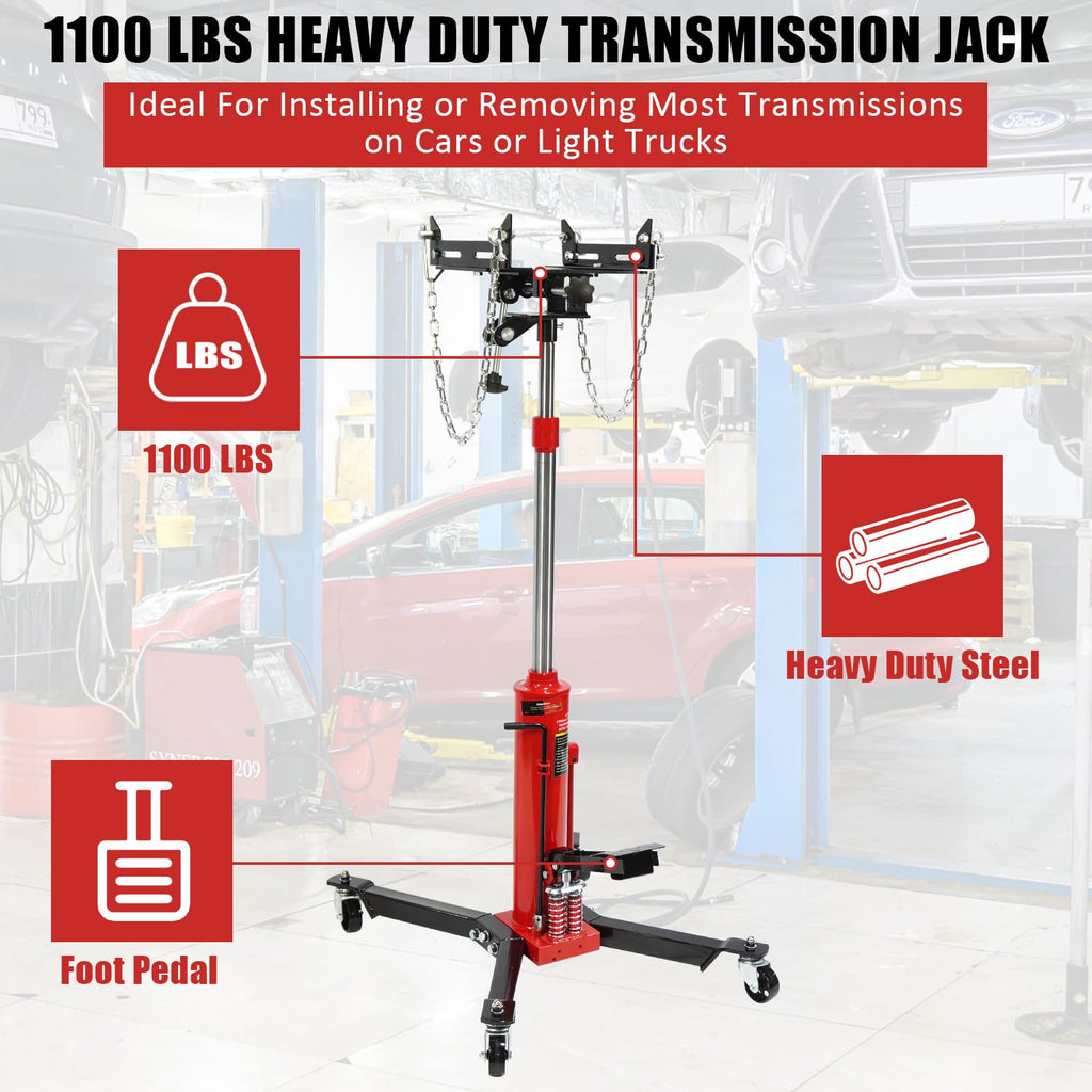 Garvee Transmission Jack 1100 LBS 2-Stage Hydraulic Telescopic Stand High-Grade Steel Precise Positioning Garage/Shop Lift Hoist