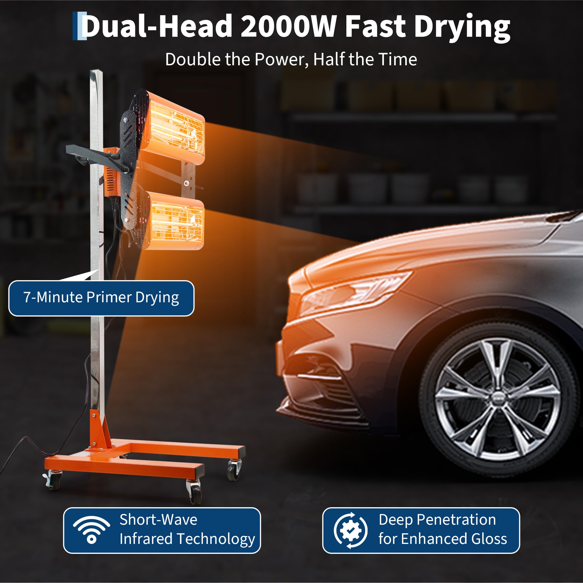 Garvee 2000W Infrared Paint Curing Lamp Portable Short Wave Car Paint Dryer for Auto Body Repair Adjustable 40-75°C Aluminum Alloy Frame