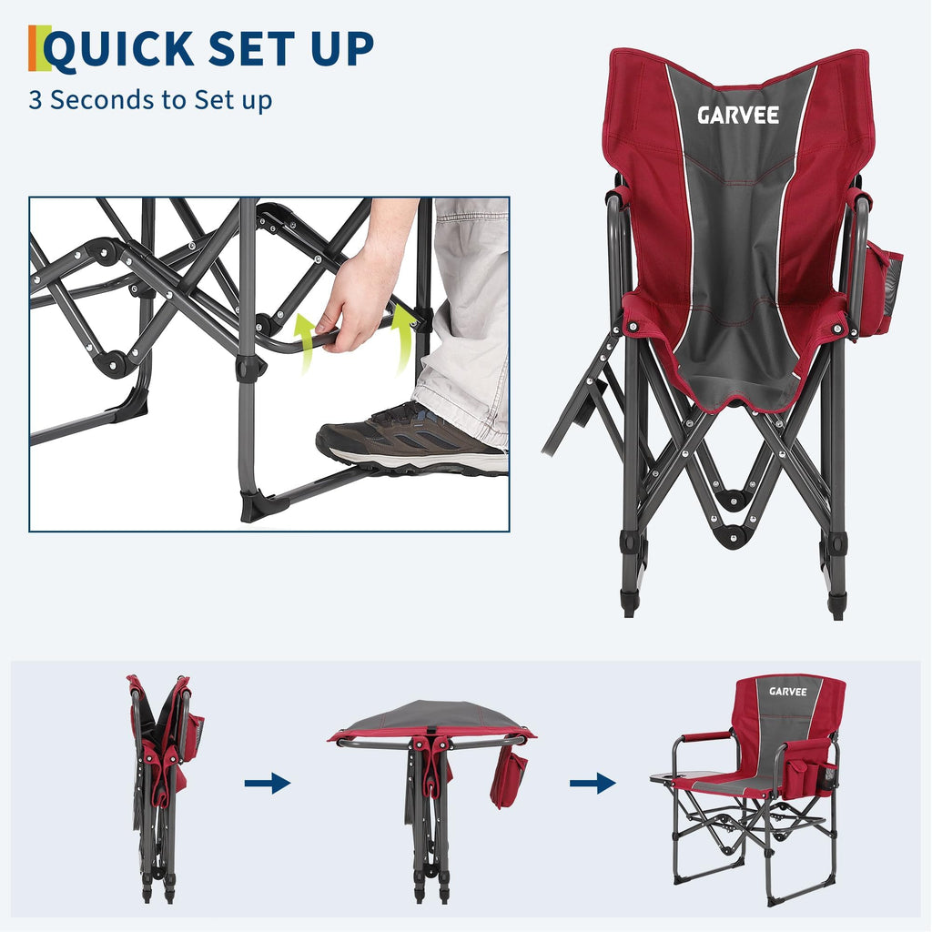 Garvee Oversized Directors Camping Chair with Side Table, Heavy Duty Portable Folding Chair for Adults, Supports 400 lbs, Red, 2 PCS