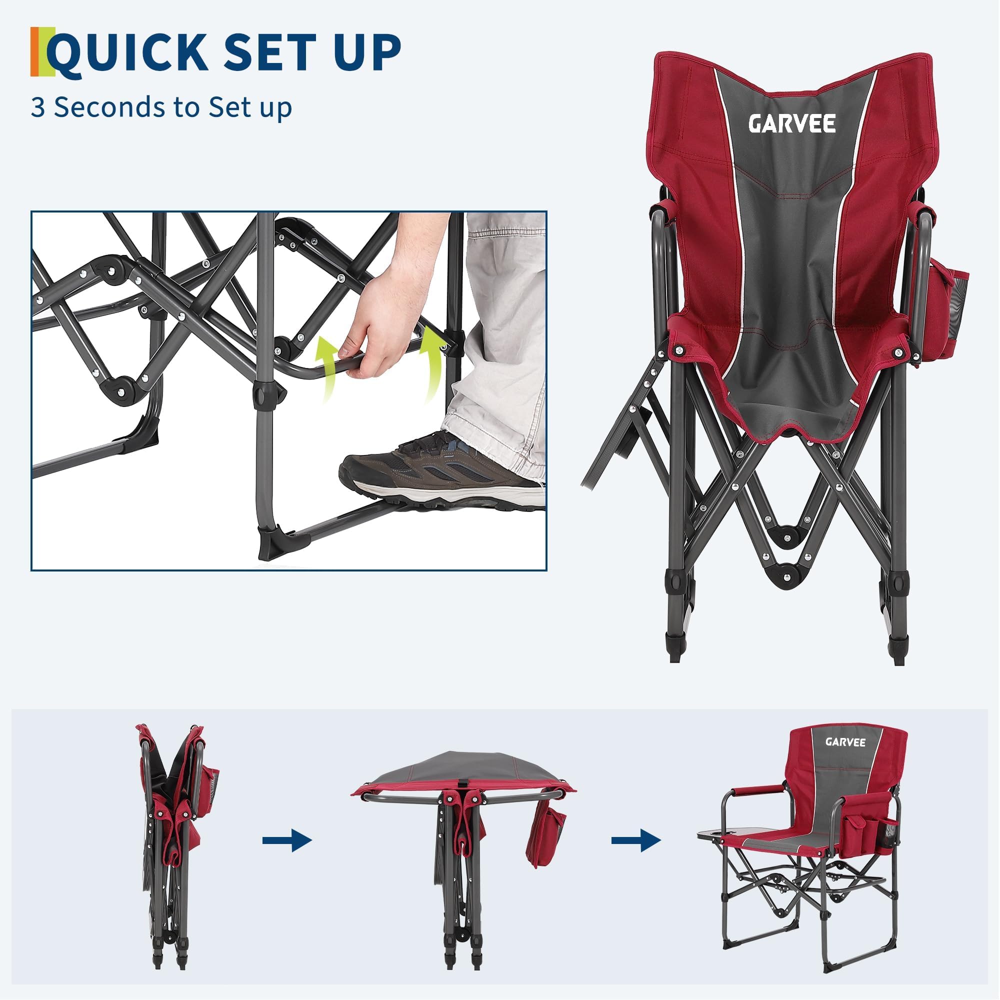 Garvee Oversized Directors Camping Chair with Side Table, Heavy Duty Portable Folding Chair for Adults, Supports 400 lbs, Red, 2 PCS