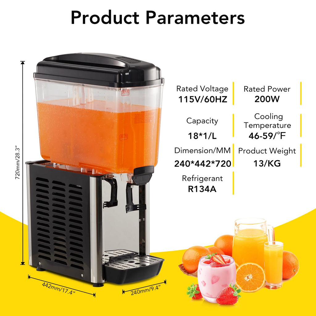 GARVEE 18L (4.8 Gallon) Commercial Juice Dispenser, 1 Tank, Stainless Steel Beverage Dispenser for Slushy, Cold Drink, Restaurant
