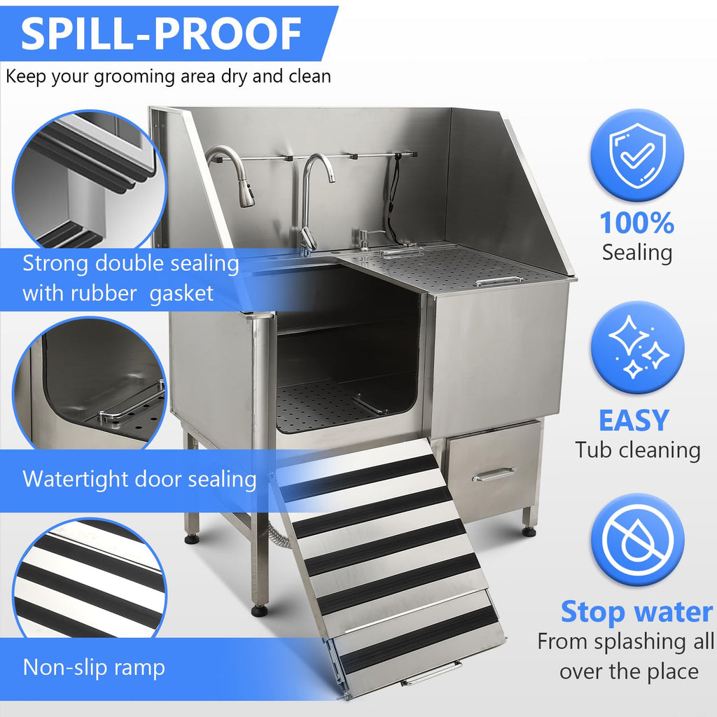 Garvee Professional Dog Grooming Bathing Station, Stainless Steel Dog Bathtub with Foldable Ramp, Storage Drawer, Floor Grate & Faucet/Dog Bathtub for Large, Medium & Small Pets - Right Door (50")