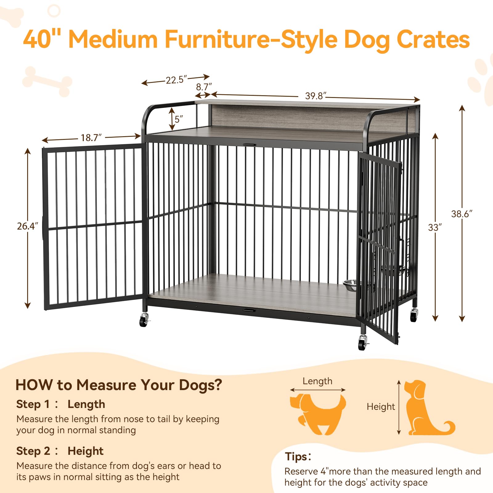Garvee Dog Crate Furniture, Dog Crate Indoor with Adjustable Height Bowls, Wooden Heavy Duty, 39.8 Inch Dog Kennel Furniture for Medium Dogs, 39.8" L X 22.5" W X 38.6" H,Grey