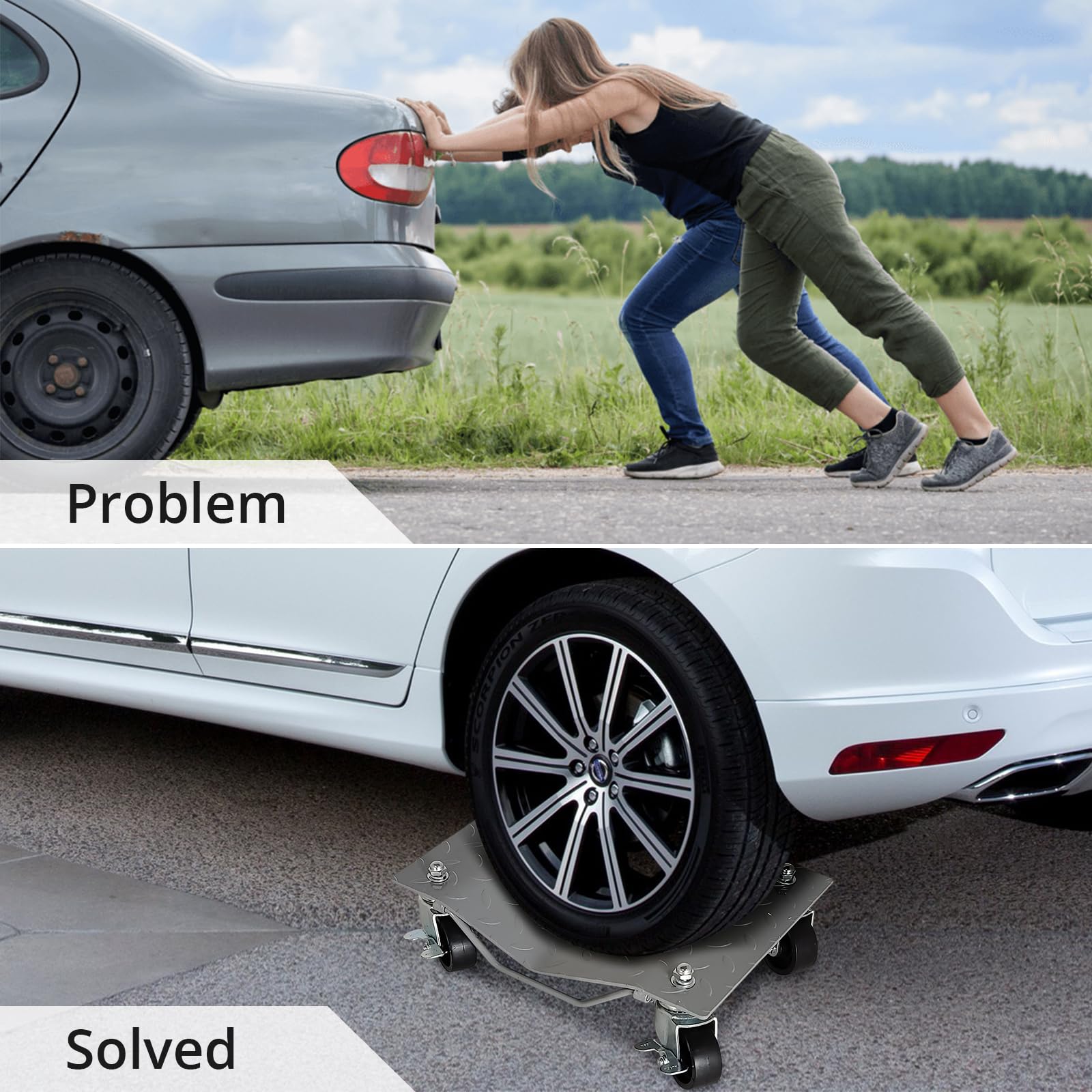 Garvee 4-Tire 16"x12" Car Dolly – 6000-LB Heavy-Duty Vehicle Mover with 360° Rotatable Wheels for Auto Transport Silver