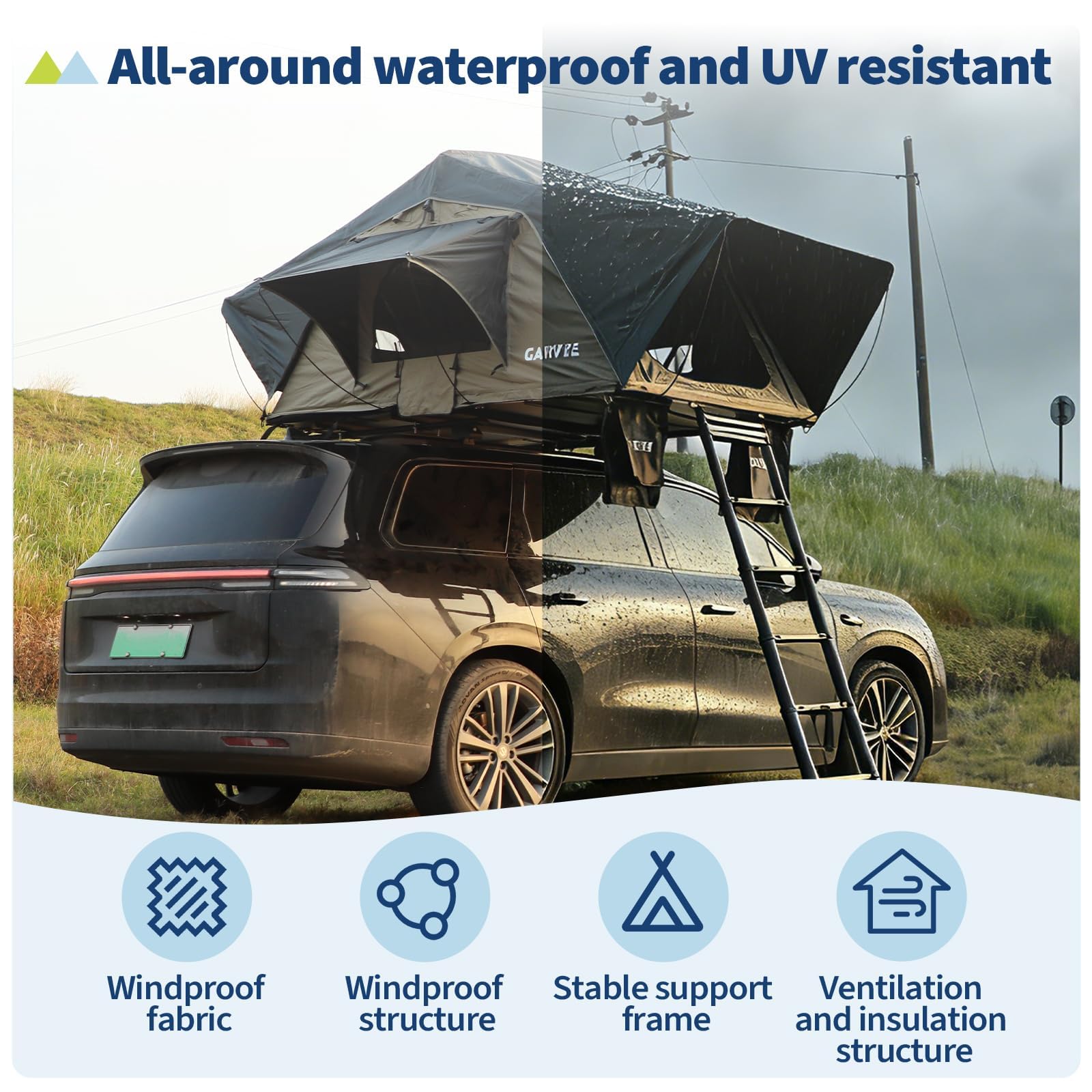 Garvee Rooftop Tent Soft Shell With Telescopic Ladder & LED Light For 2-3 Person Camping On Truck SUV Van Trailer Waterproof UV Resistant 4-Season Design