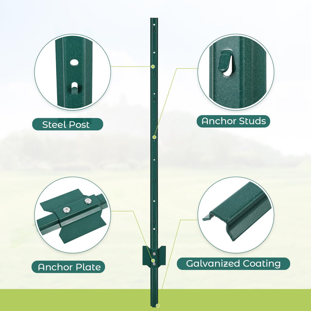 Garvee 3FT Metal Fence Posts, Pack of 8 - U-Shaped Steel Stakes, Rust-Resistant Heavy-Duty Green Fence Posts for Garden, Yard, Farm, No-Dig Installation