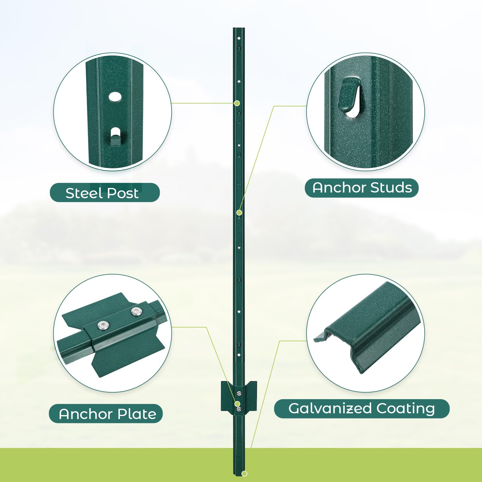 Garvee 3FT Metal Fence Posts, Pack of 8 - U-Shaped Steel Stakes, Rust-Resistant Heavy-Duty Green Fence Posts for Garden, Yard, Farm, No-Dig Installation