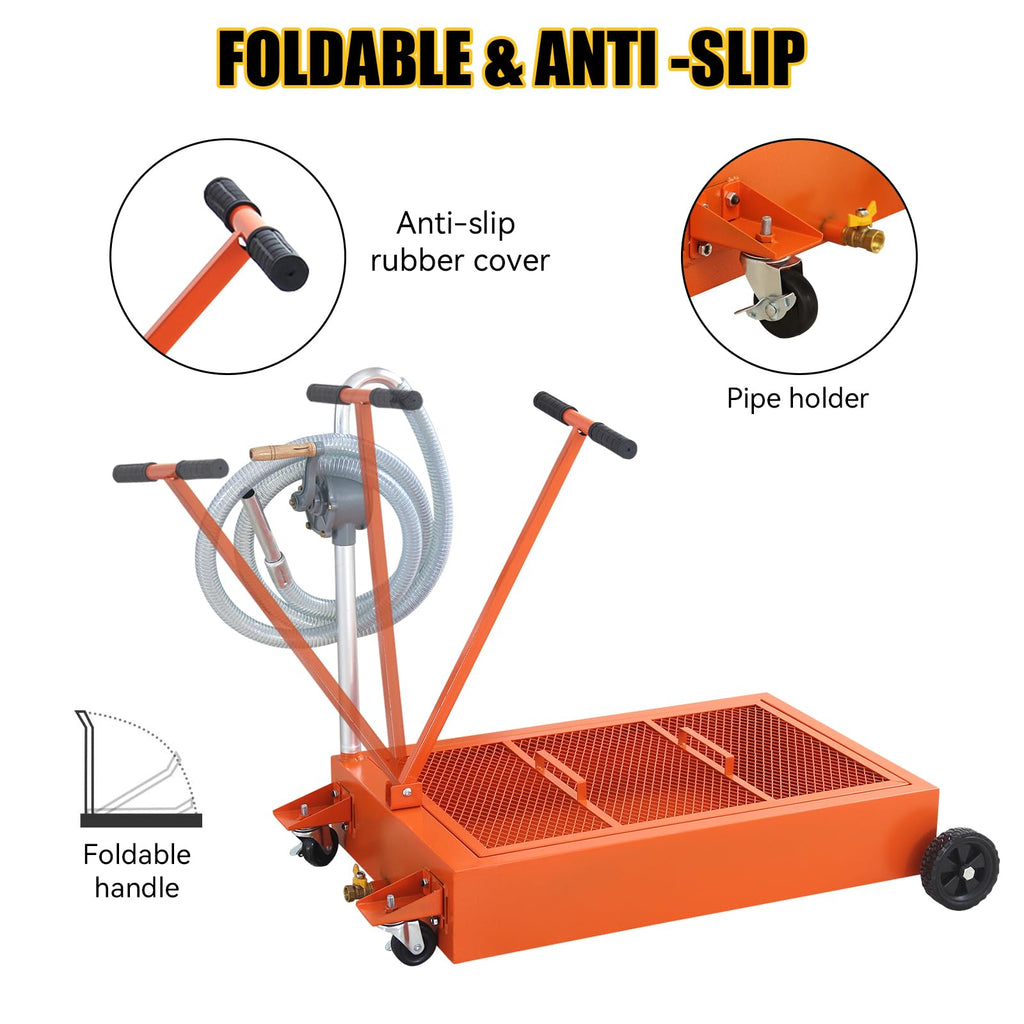 Garvee 20 Gallon Hand Pum Low Profile Portable Oil Drain Pan,with T-Handle,for Car,Suvs with Hose,Casters - Orange