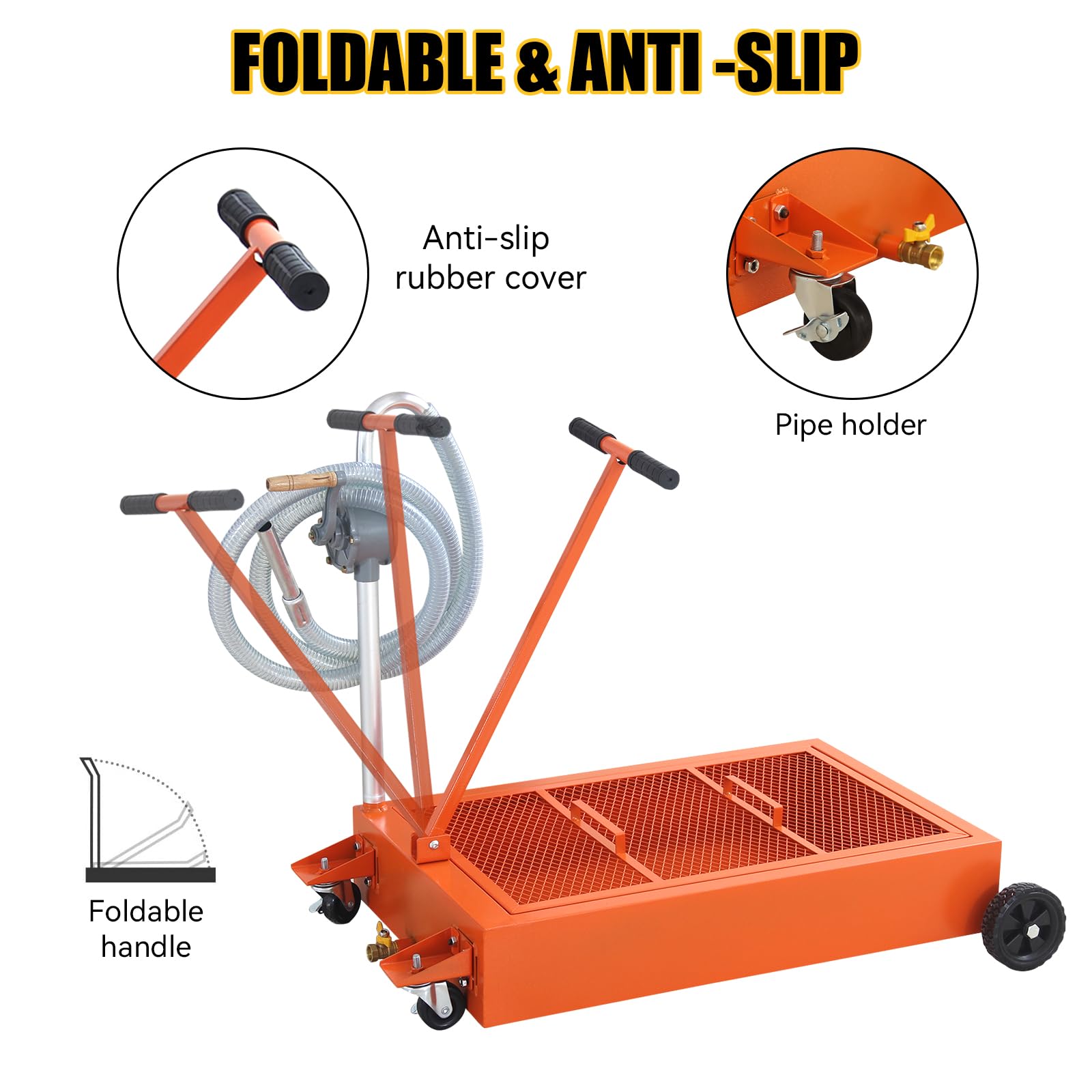 Garvee 20 Gallon Hand Pum Low Profile Portable Oil Drain Pan,with T-Handle,for Car,Suvs with Hose,Casters - Orange