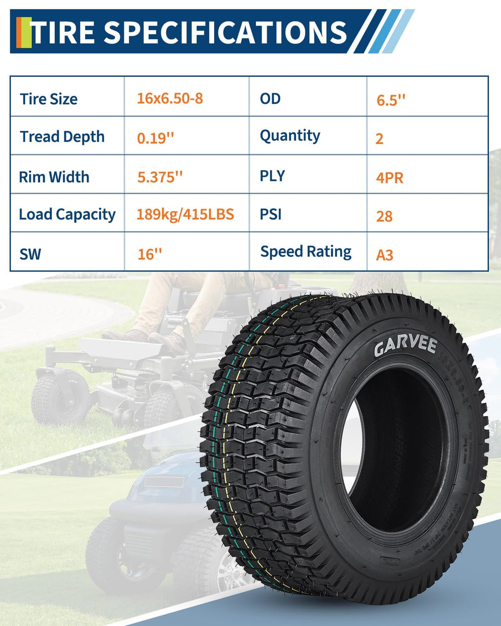 Garvee 2 Pack 16x6.50-8 Lawn Mower Tire V Pattern 4PR Tubeless Turf Tire for Lawn & Garden Mowers Utility Vehicles Black