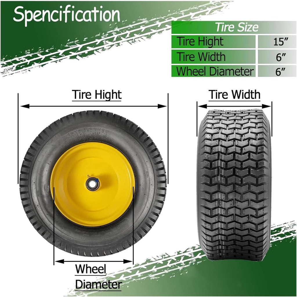 Garvee 15x6.00-6 Lawn Mower Tires with Rim (Fit Most John Deere Riding Mowers), 3" Offset Hub, 3/4" Bushing, 4 Ply Tubeless, 15x6-6 Tractor Turf Tire, 570lbs Capacity, Set of 2