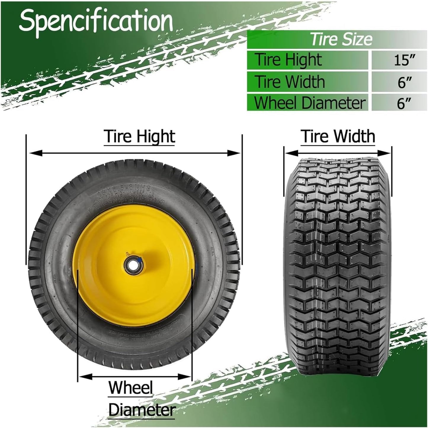 Garvee 15x6.00-6 Lawn Mower Tires with Rim (Fit Most John Deere Riding Mowers), 3" Offset Hub, 3/4" Bushing, 4 Ply Tubeless, 15x6-6 Tractor Turf Tire, 570lbs Capacity, Set of 2