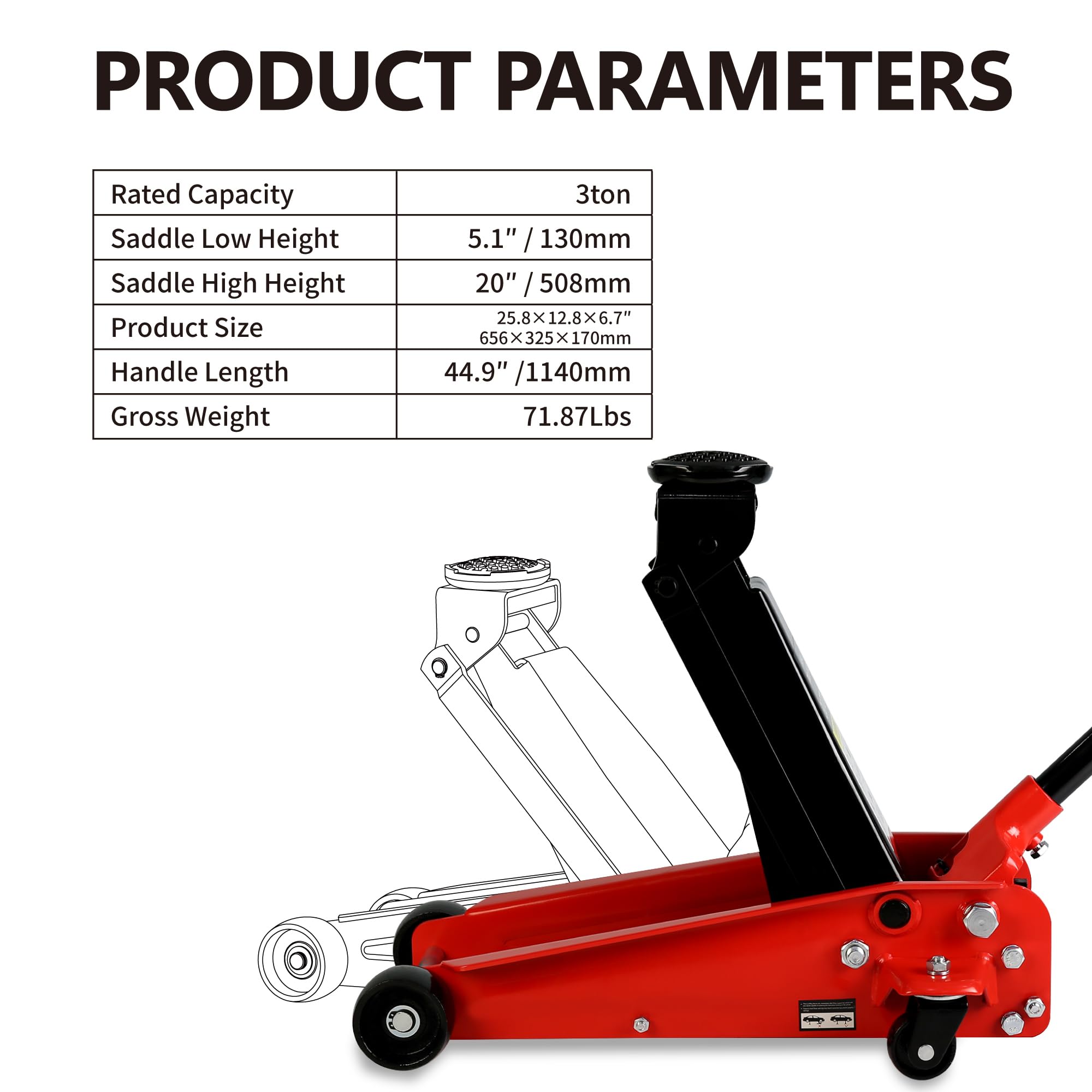 Garvee 3 Ton Hydraulic Trolley Floor Jack Heavy-Duty Steel Racing Floor Jack 5.1"-20" Lifting Range Black