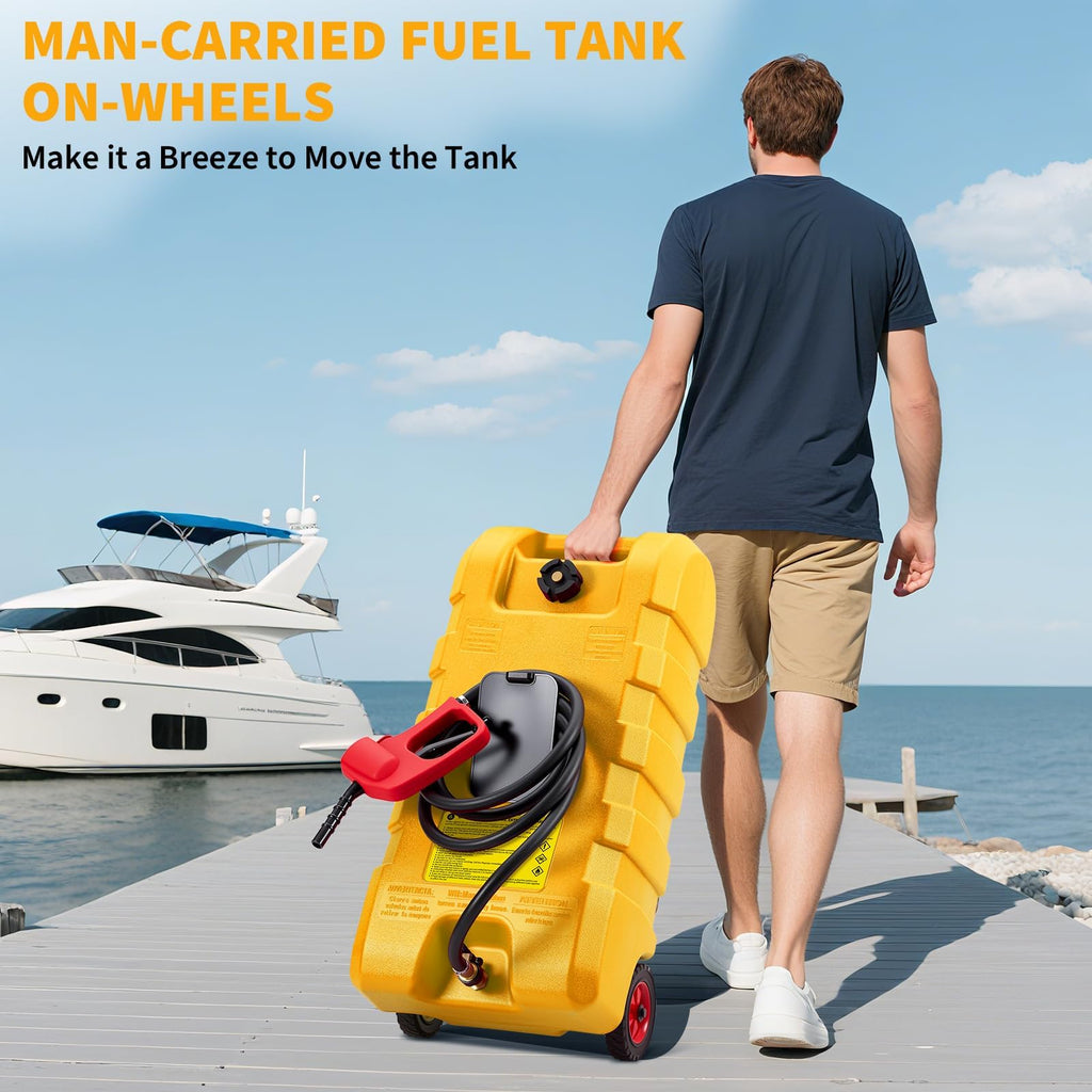 Garvee Upgraded 16 Gallon Gas Tank, Heavy-Duty Fuel Can with Manual Transfer Pump, 10FT Hose, and Casters, Leak-Proof Portable Gas Container for Lawn Mowers, Tractors, Boats, and Snow Blowers, Yellow