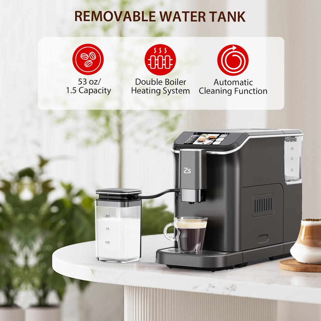 Garvee Fully Automatic Espresso Machine with Automatic Milk Frother, Built-In & Adjustable Espresso Bean Grinder, One-Touch Single/Double Shot for Espresso, 7 Coffee Varieties, 1.5 Liter, Black