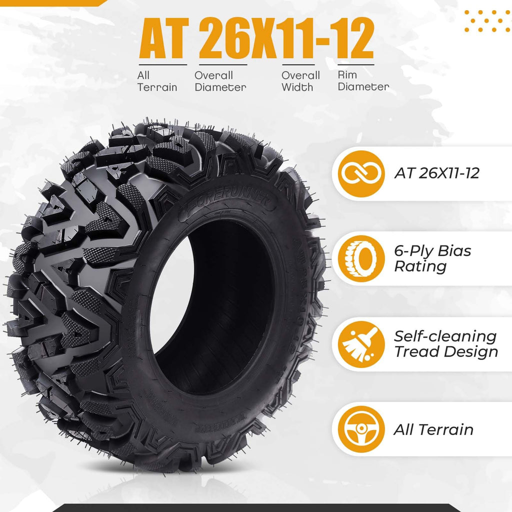 Garvee Set of 4 UTV/ATV Tubeless 6Ply Mud & Trail Tires, Front 26x9-12, Rear 26x11-12, Rubber, Off-Road Terrain