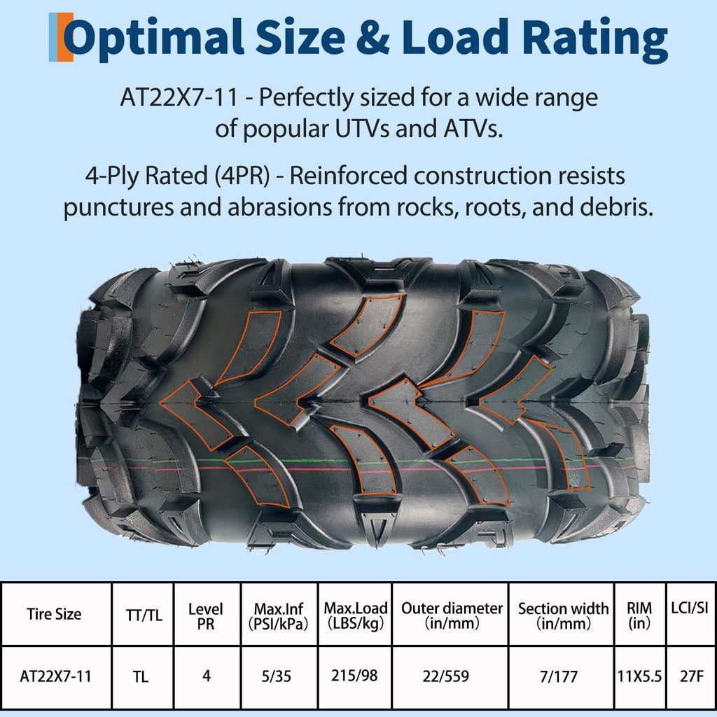 Garvee 22x7-11 ATV Tires 2-Pack Front 4PR All Terrain Trail Sand Off-Road Tubeless Reinforced Sidewall