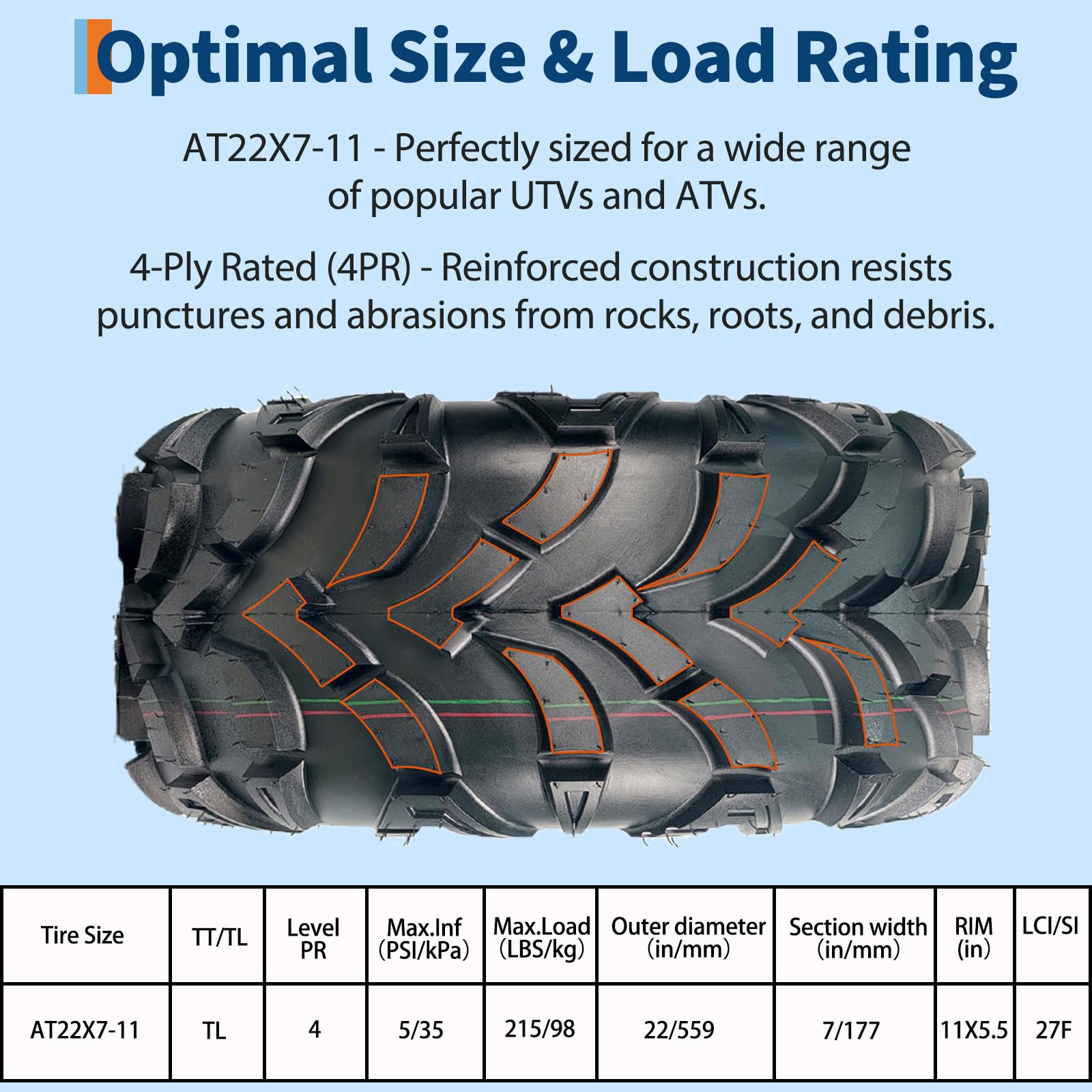 Garvee 22x7-11 ATV Tires 2-Pack Front 4PR All Terrain Trail Sand Off-Road Tubeless Reinforced Sidewall
