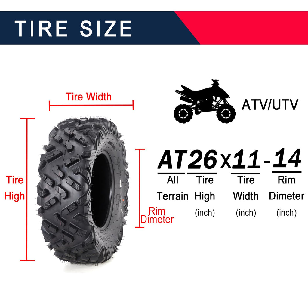 Garvee 26x11-14 ATV UTV Tires Set of 2, 6PR Tubeless All Terrain Off-Road Trail Sand Mud Tire, Durable 6-Ply, Enhanced Shoulder Traction, for Quad Go Kart Golf Cart Lawn Mower, Black