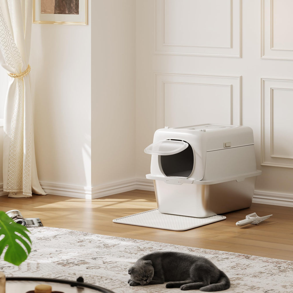Garvee Stainless Steel Litter Box with Lid Large Enclosed Cat Litter Box for Big Cats Metal Cat Box with High Sided Enclosure Scoop Litter Mat Odor Free Anti-Leakage