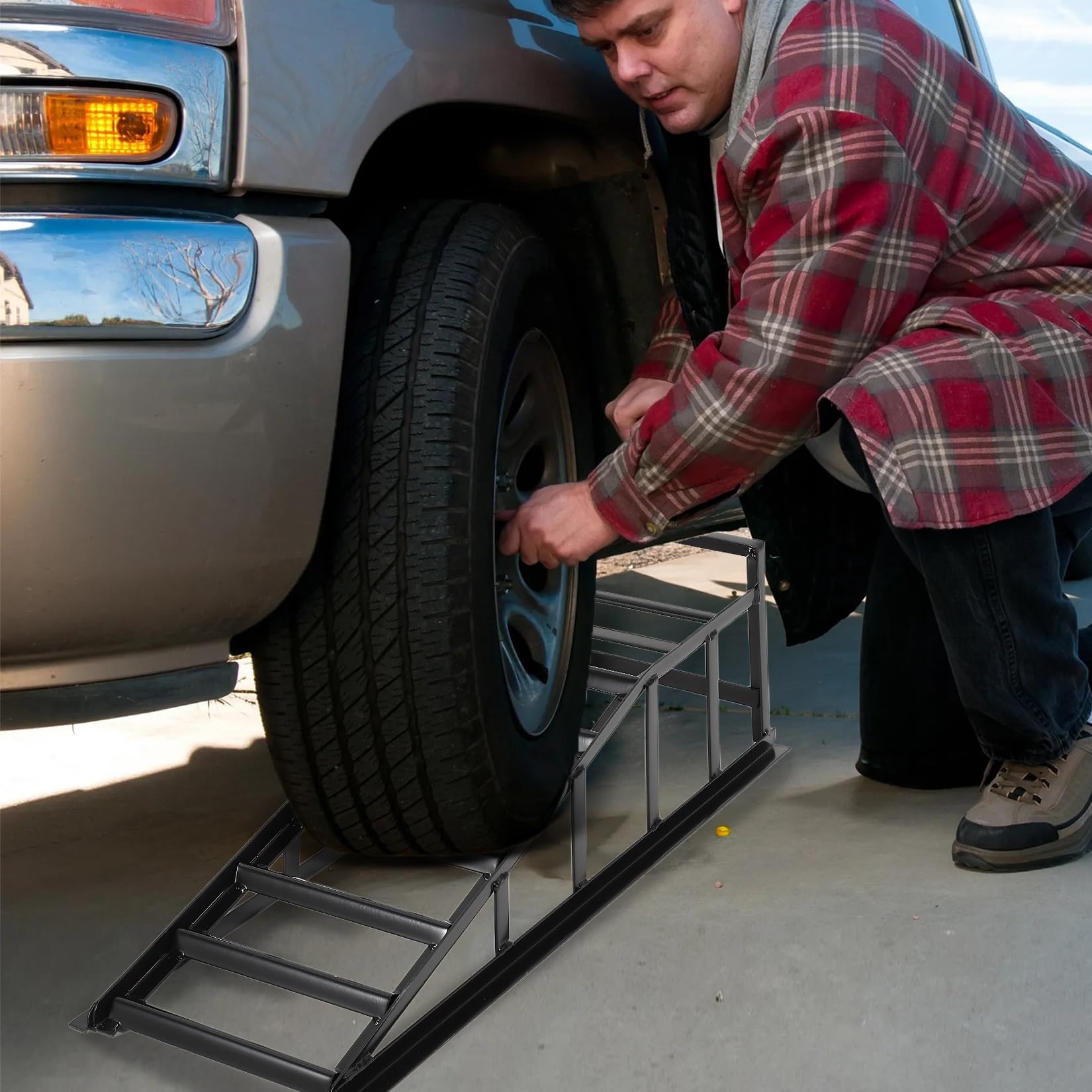 Garvee 2Packs 5Ton Steel Car Ramps Heavy Duty Drive Up Car Lift Ramp for Home Garage Vehicle Repair 8.7IN Black