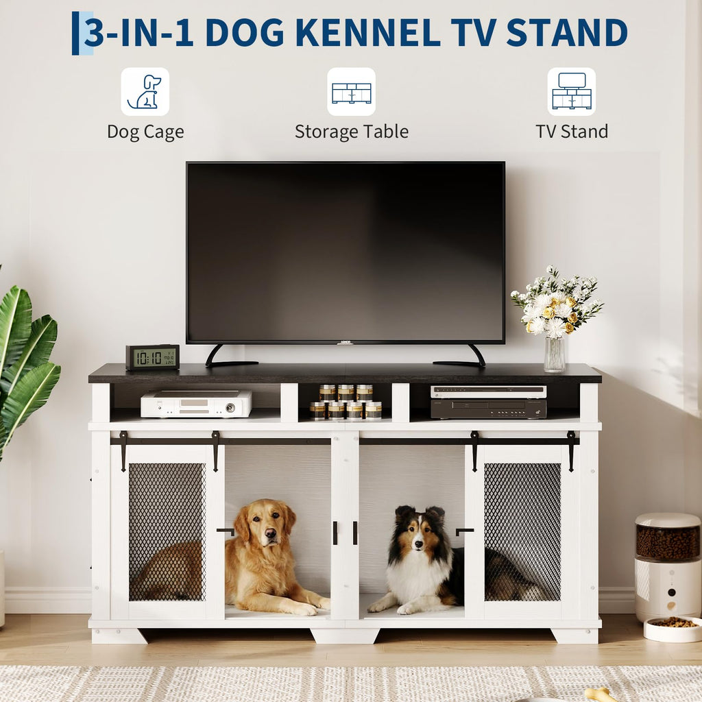 Garvee 71'' Dog Crate Furniture for 2 Dogs, Extra Large Double Dog Kennel with Removable Divider and Storage Drawers, Wooden TV Stand for Large Medium Dogs in White, Natural Wood, Brown