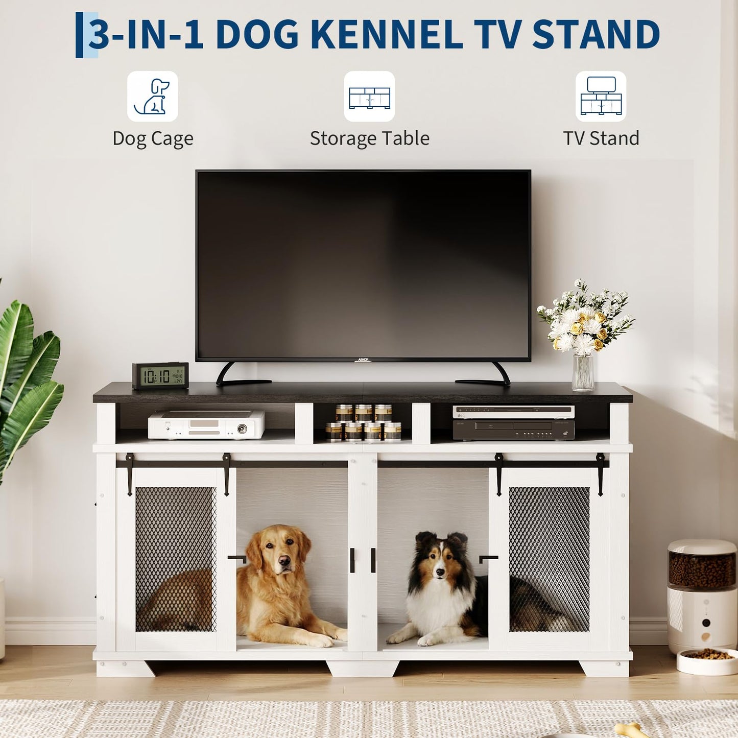 Garvee 71'' Dog Crate Furniture for 2 Dogs, Extra Large Double Dog Kennel with Removable Divider and Storage Drawers, Wooden TV Stand for Large Medium Dogs in White, Natural Wood, Brown