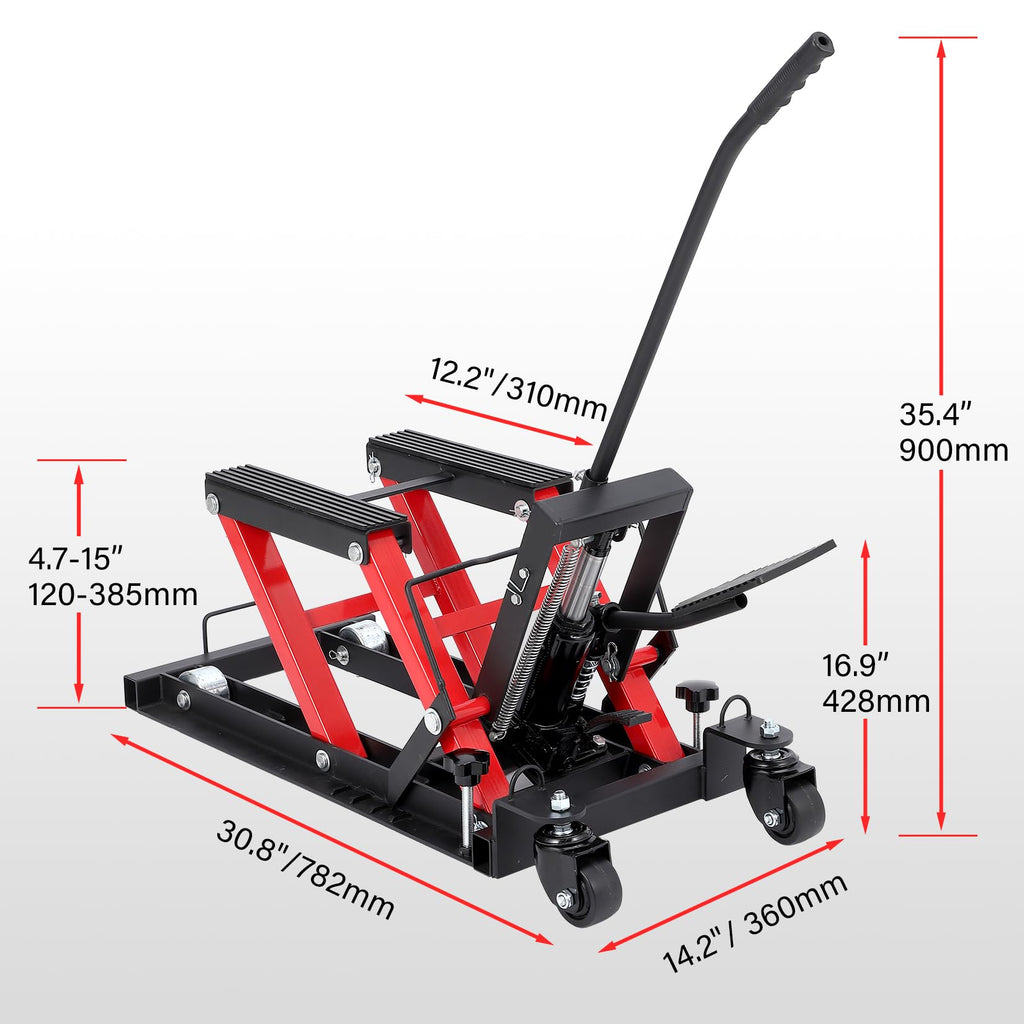 Garvee Hydraulic Motorcycle Lift Jack, 1500 Lbs Capacity Scissor Lift Jack with 4 Wheels and Handle, Portable Foot-Operated Hoist Stand Motorcycle Lift Table for ATV, Motorcycle, UTV, Powersports
