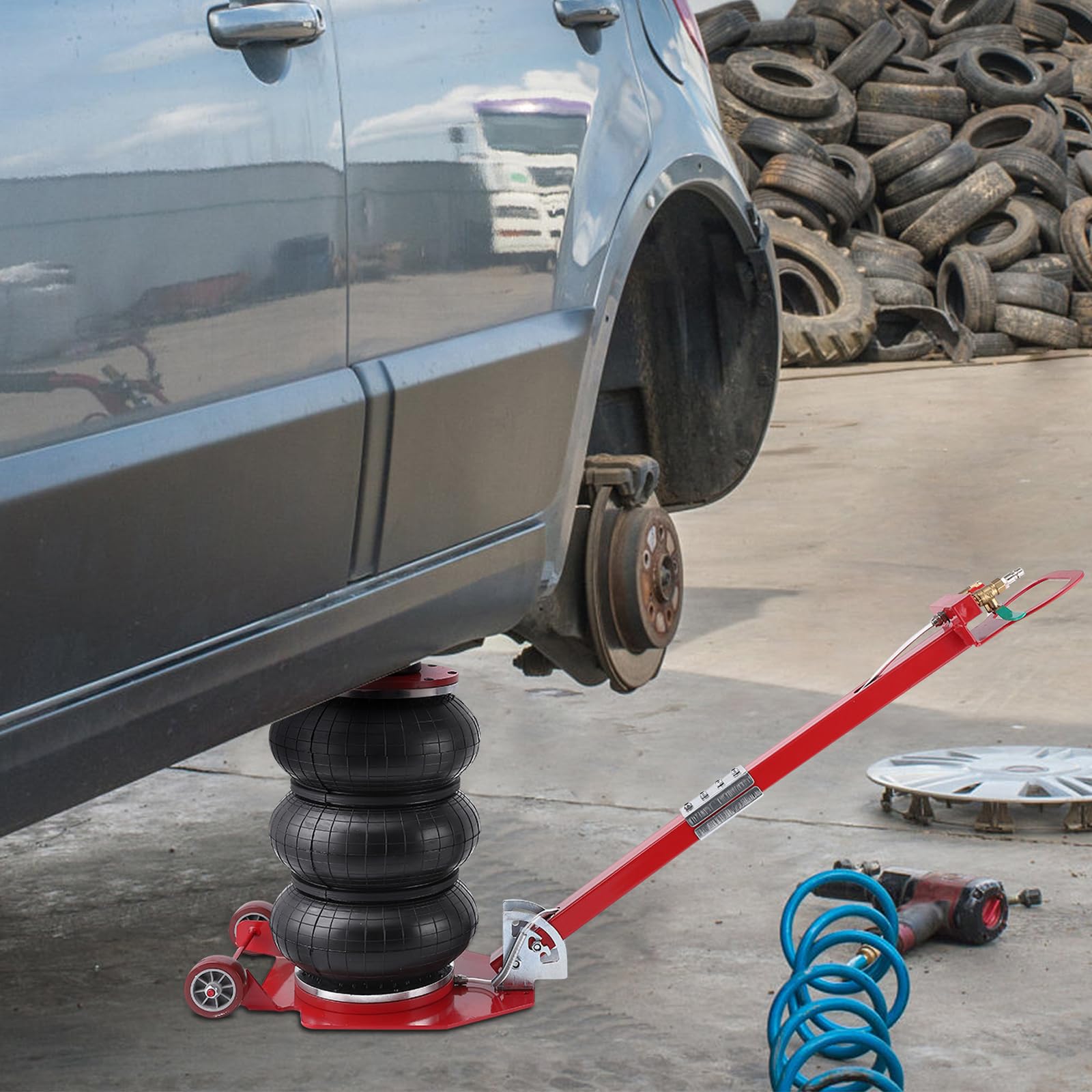 Garvee Portable Pneumatic Jack 3T/6600lbs Triple Bag Air Jack Fast Lifting Pneumatic Car Repair with Long Hand, Lifting Height Up to 15.75 Inch（Red）